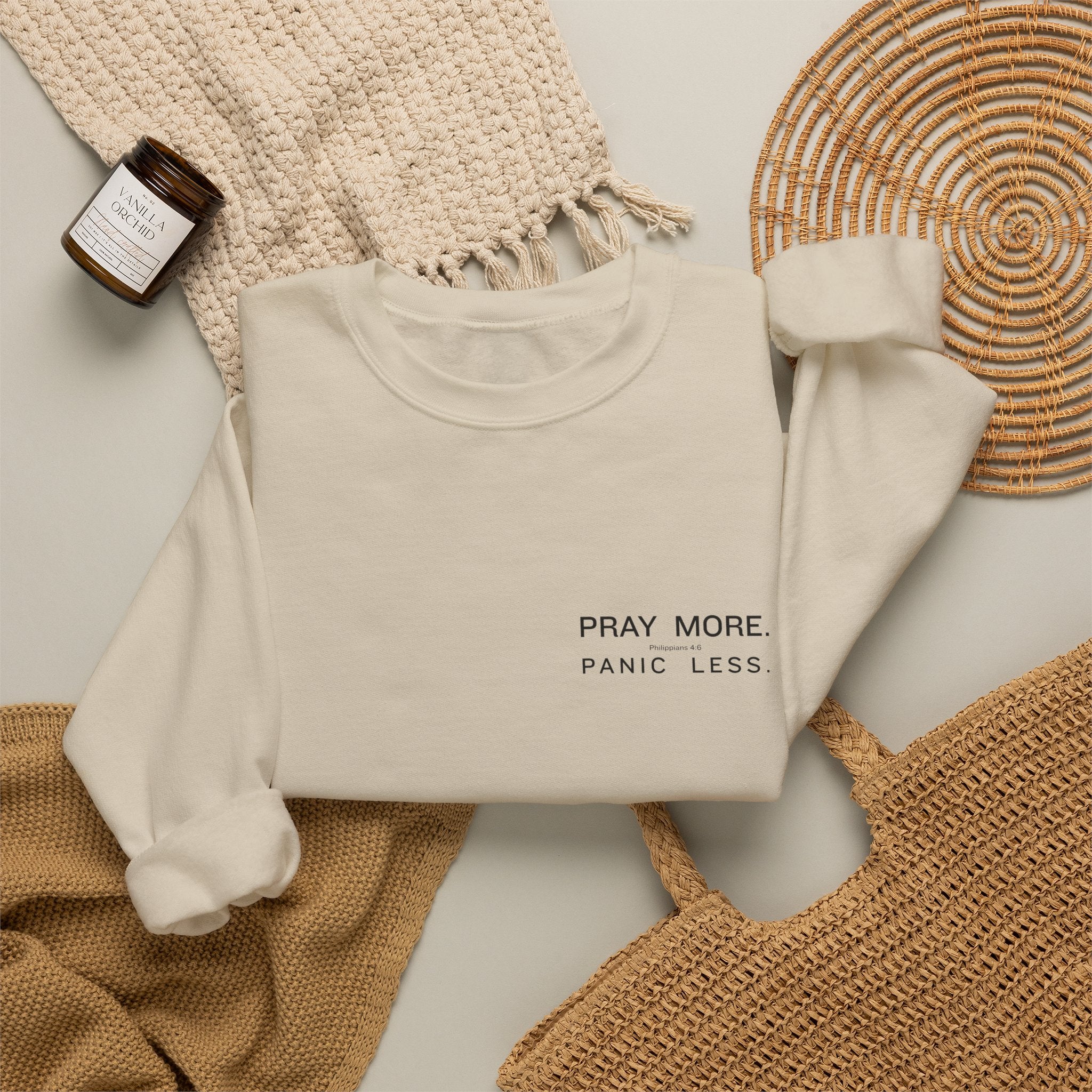 Prayer Graphic Sweatshirt — “Pray More, Panic Less” Crewneck