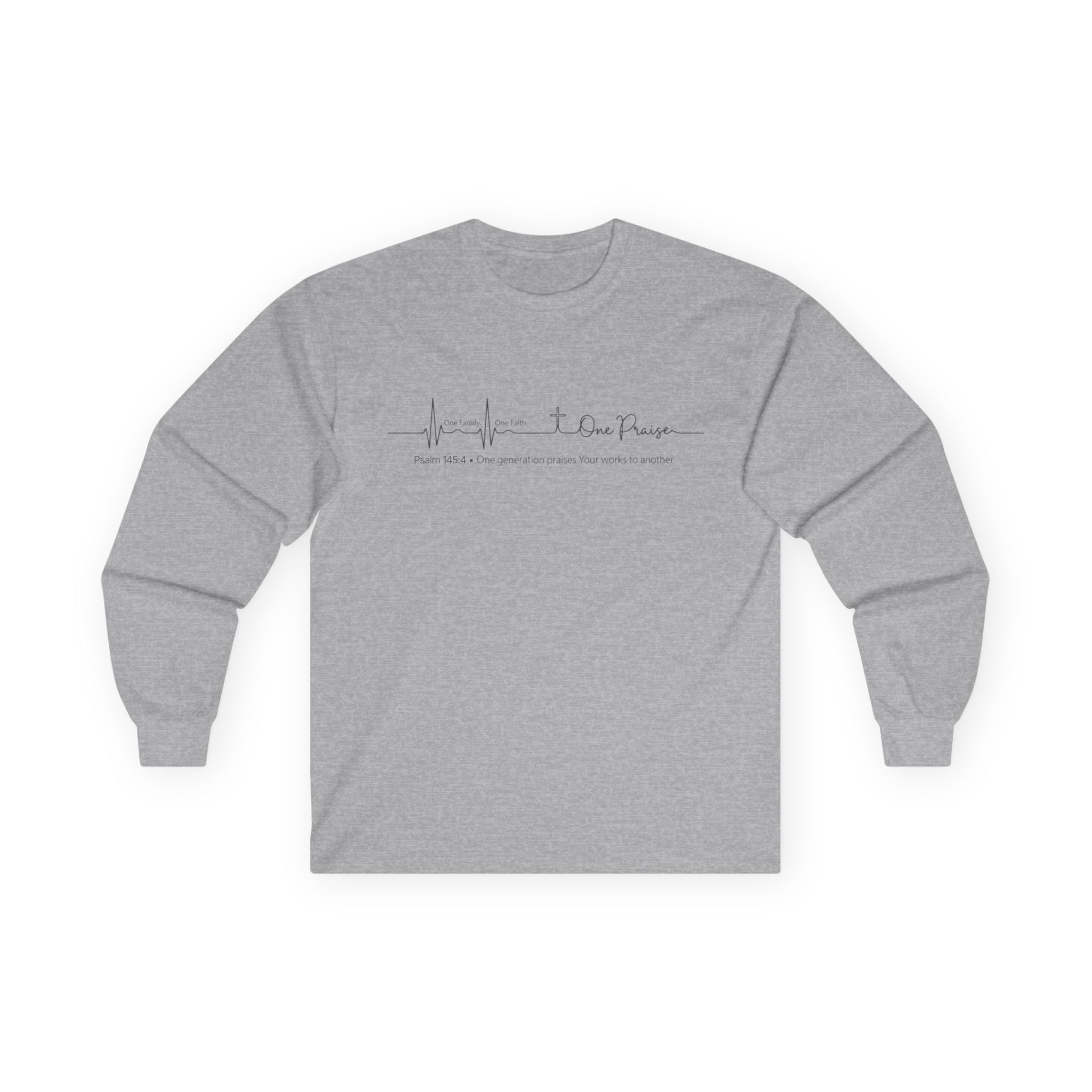 Long Sleeve Tee — Hope Heartbeat Cross "One Faith One Family One Praise" Minimalist Christian Shirt