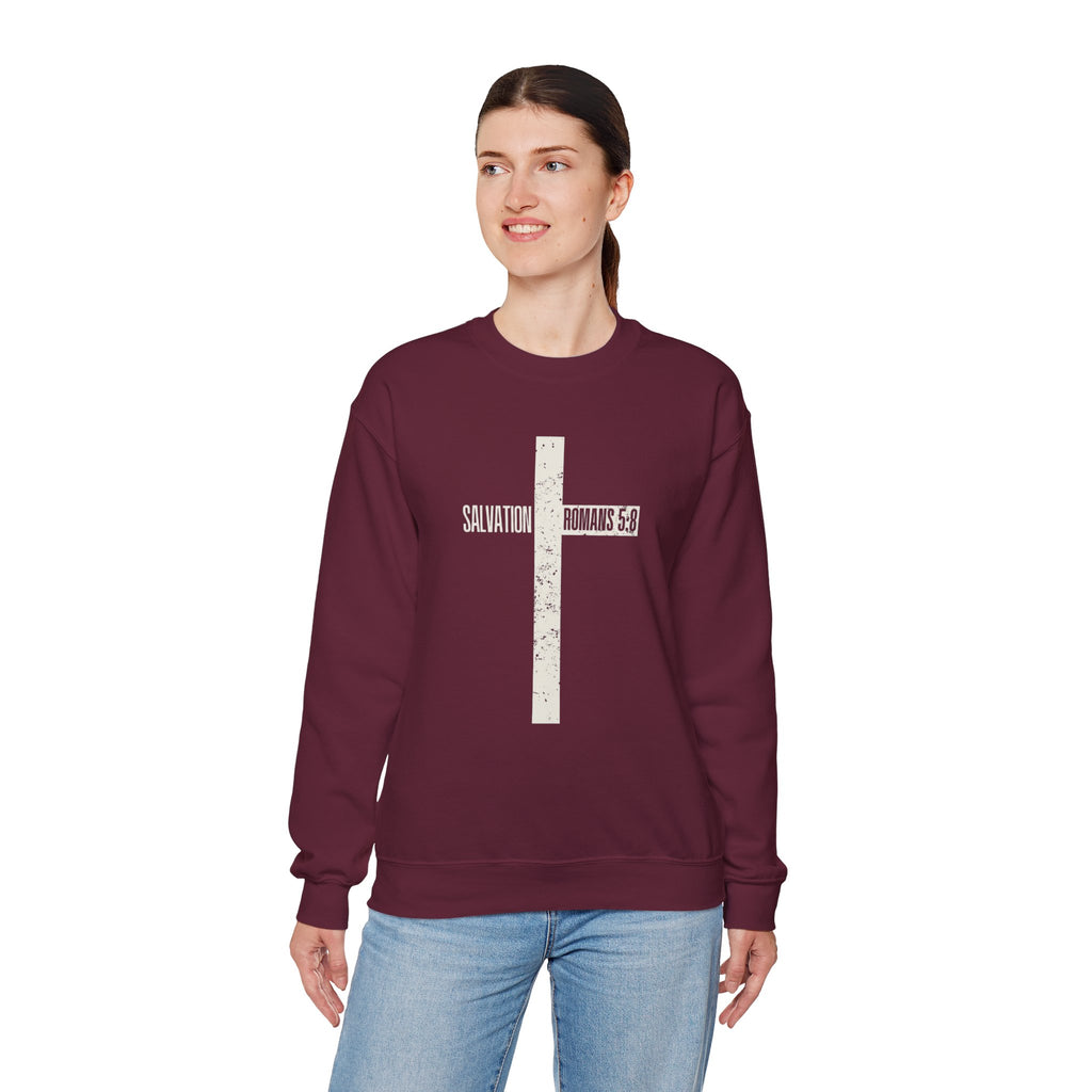 Christian Crewneck Sweatshirt "Salvation" Romans 5:8 Pullover, White Cross Graphic Apparel, Rustic Style Faith Sweatshirt