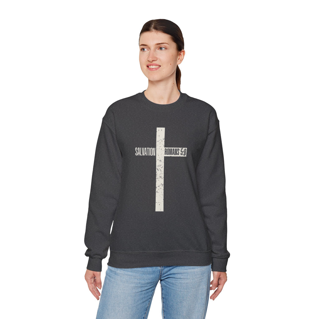 Christian Crewneck Sweatshirt "Salvation" Romans 5:8 Pullover, White Cross Graphic Apparel, Rustic Style Faith Sweatshirt
