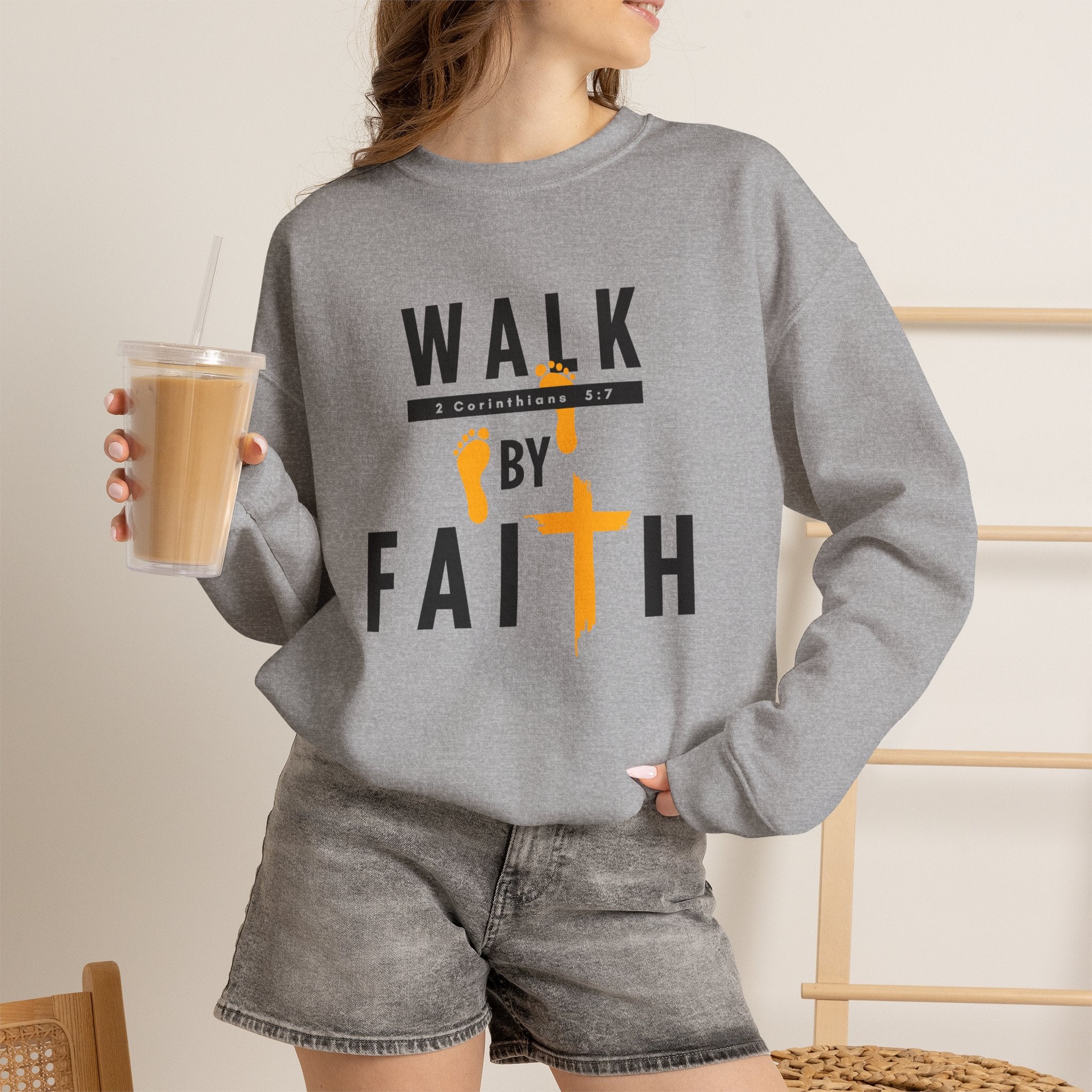Christian Crewneck Sweatshirt "Walk By Faith" Pullover, 2 Corinthians 5:7 Apparel, Inspirational Faith Graphic Sweatshirt