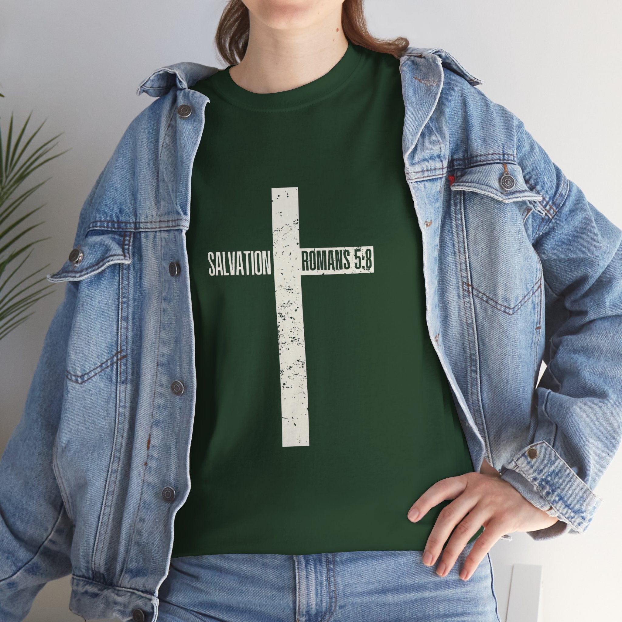Christian Cross T-Shirt — "Salvation Romans 5:8" Faith Tee