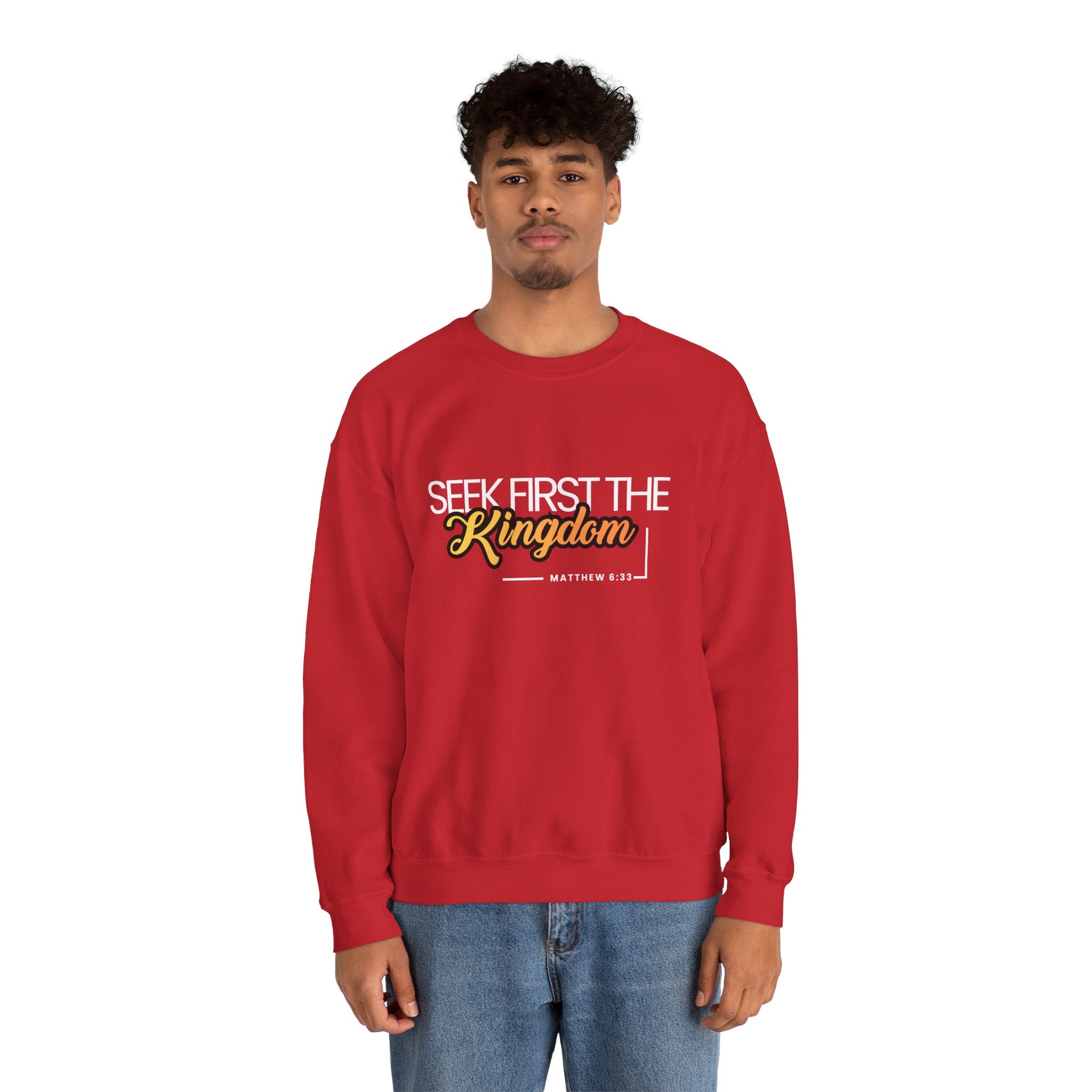 Christian Crewneck Sweatshirt "Seek First the Kingdom" Pullover, Matthew 6:33 Scripture Apparel, Inspirational Faith Graphic Sweatshirt