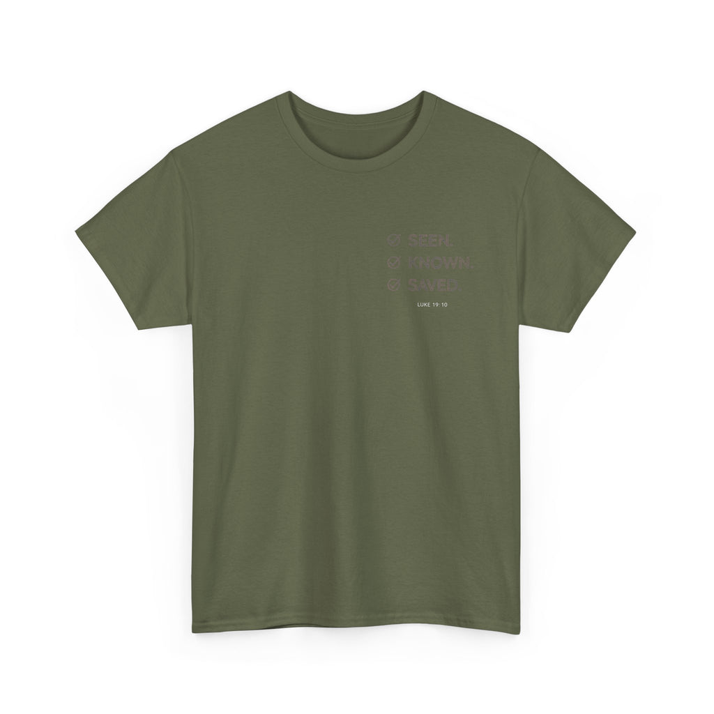Black Text-Pattern T-Shirt — Seen Known Saved Christian Typography Graphic Tee