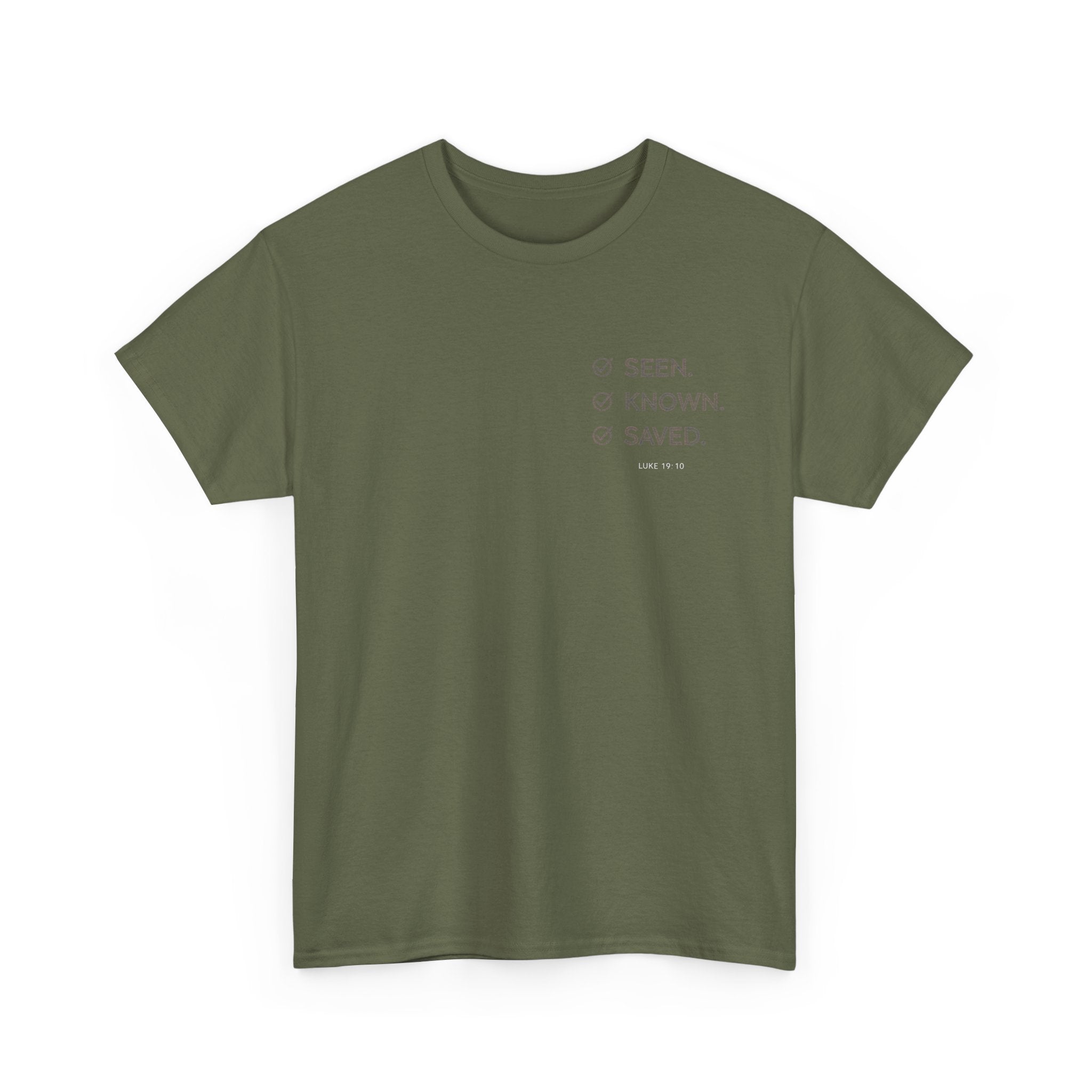 Black Text-Pattern T-Shirt — Seen Known Saved Christian Typography Graphic Tee