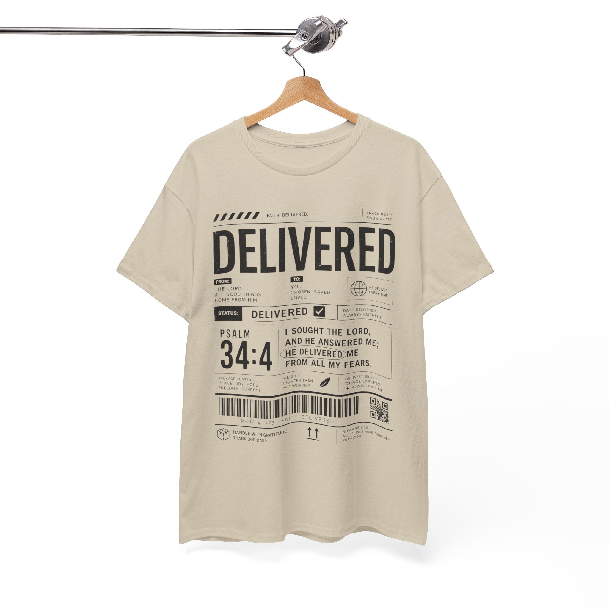 Delivered Graphic Tee — Inspirational Psalm 34:4 Christian T-Shirt
