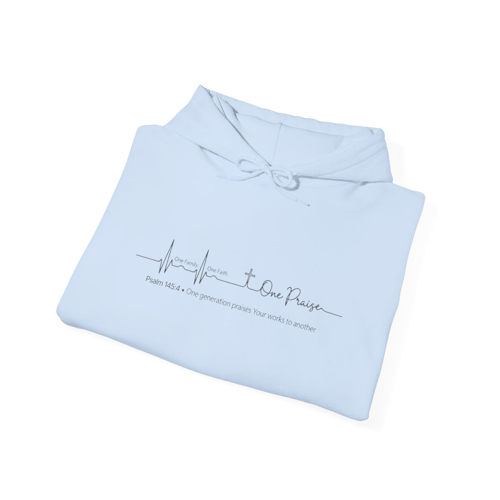 Hoodie "One Faith One Family One Praise" Minimal Heartbeat Faith Script - White Pullover