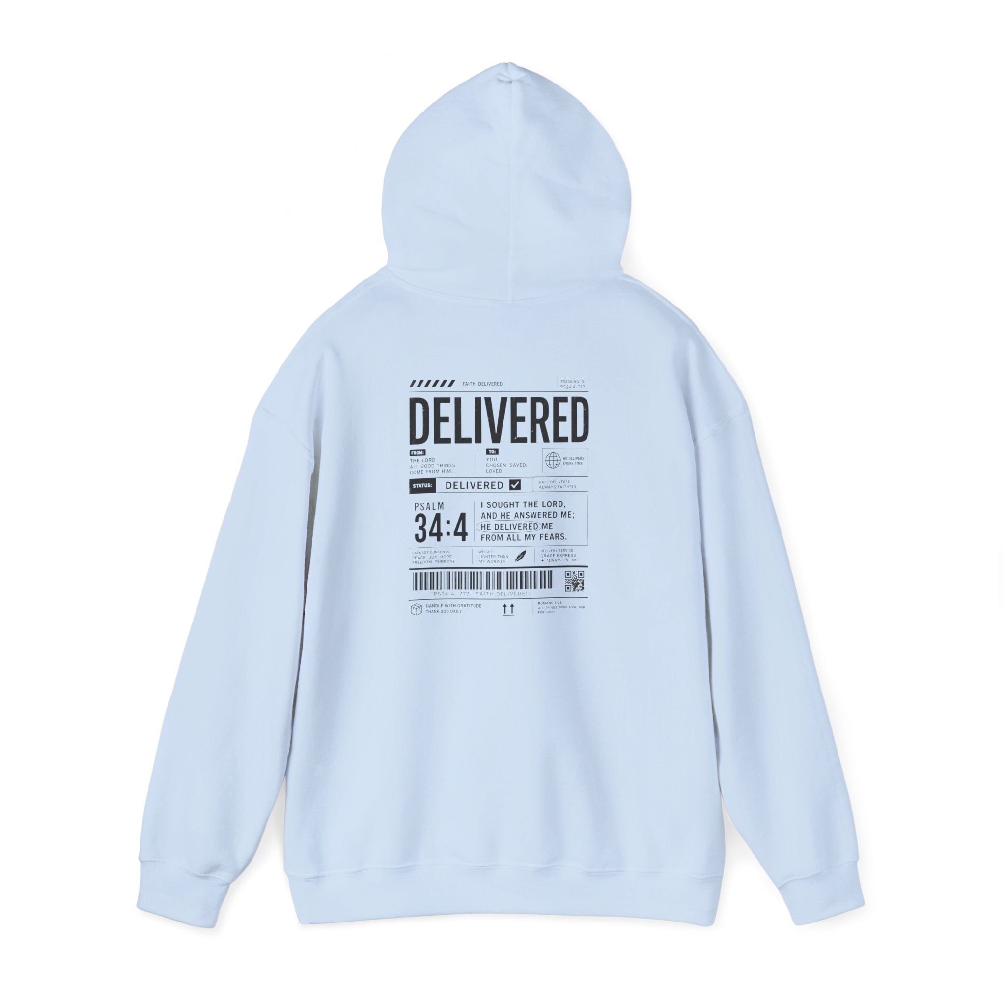Christian Graphic Hoodie 'Delivered' Shipping Label Pullover, Faith-Based Streetwear Sweatshirt
