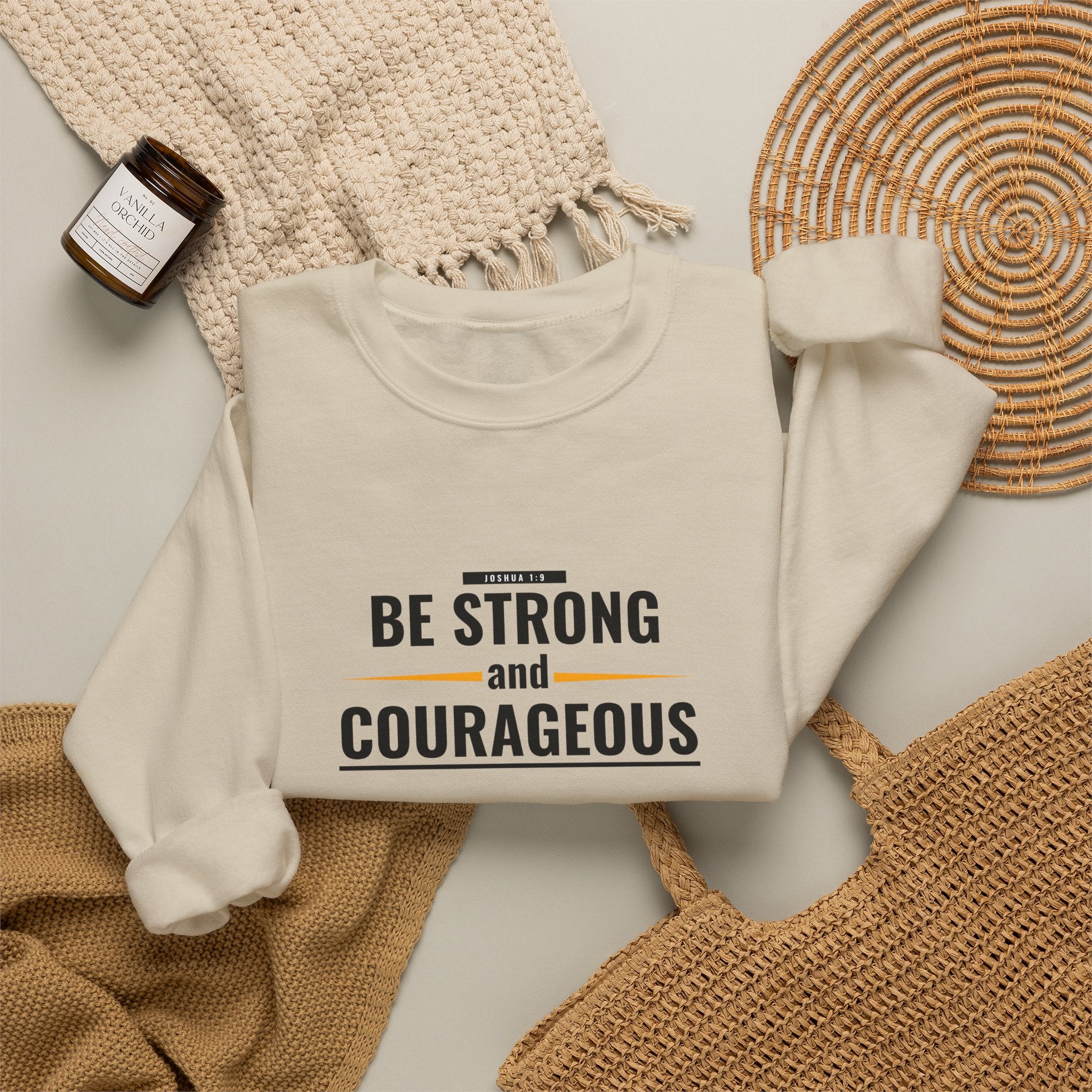 Inspirational Crewneck Sweatshirt "Be Strong and Courageous" Pullover, Joshua 1:9 Scripture Apparel, Motivational Christian Graphic Sweatshirt
