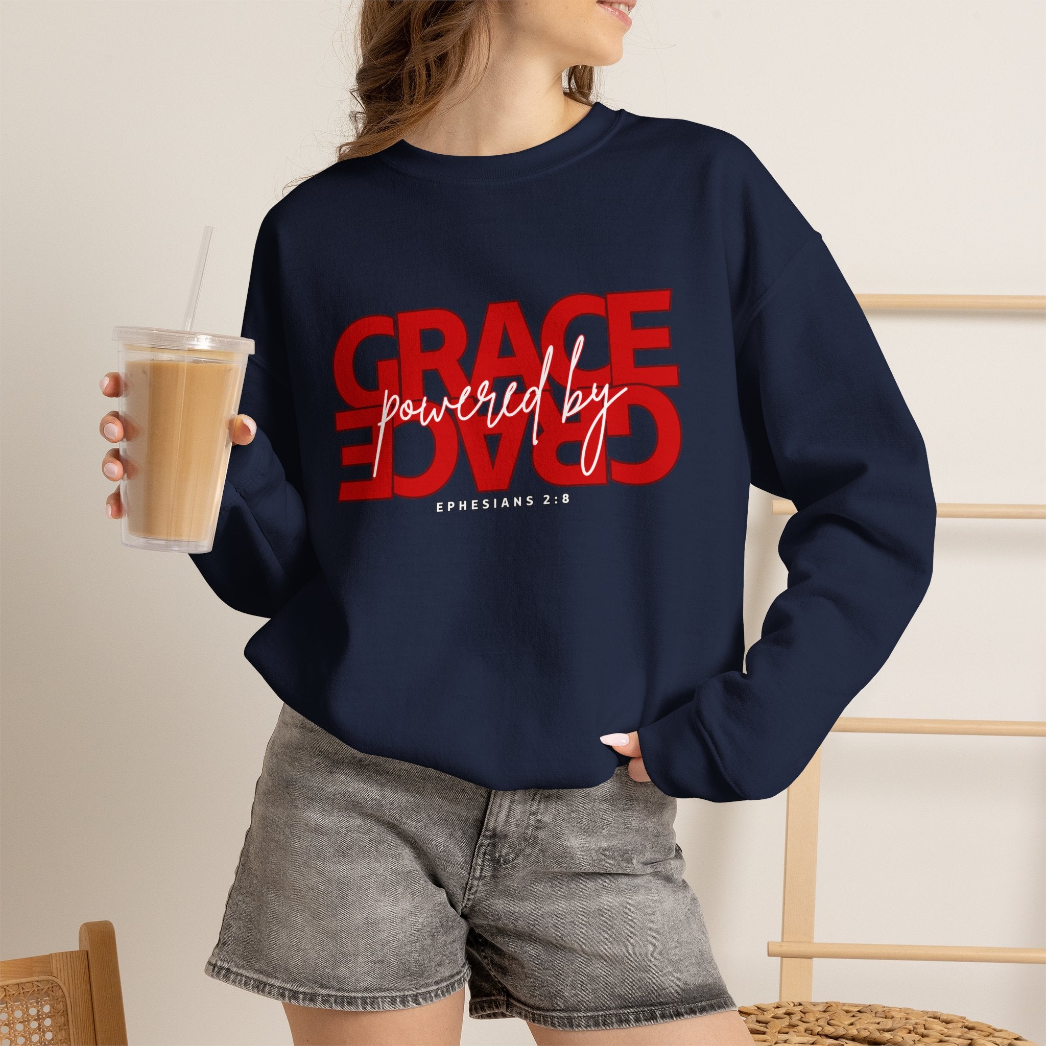 Crewneck Sweatshirt — "Grace Powered By God" Christian Faith Pullover (Ephesians 2:8)