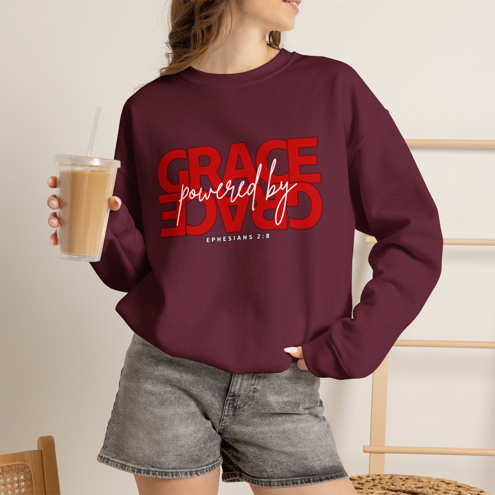 Crewneck Sweatshirt — "Grace Powered By God" Christian Faith Pullover (Ephesians 2:8)