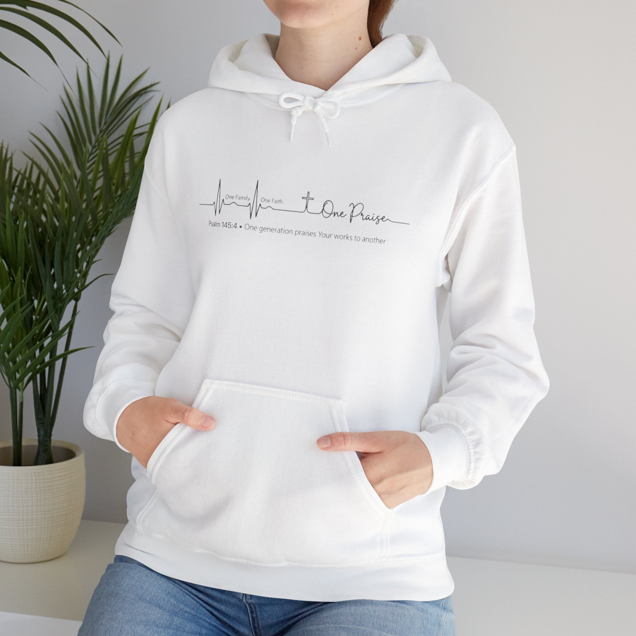 Hoodie "One Faith One Family One Praise" Minimal Heartbeat Faith Script - White Pullover