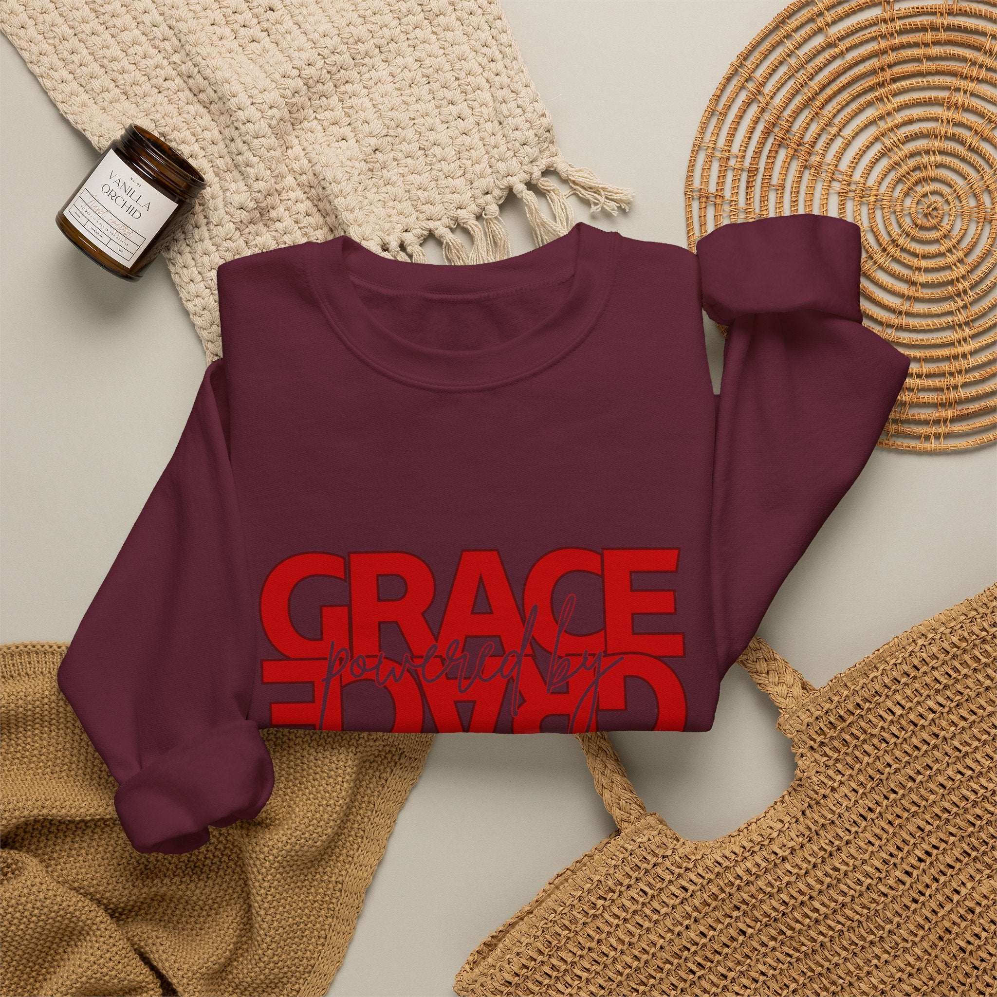 Christian Crewneck Sweatshirt "Grace" Reversed Pullover, Modern Minimalist Faith Apparel, Unique Graphic Scripture Sweater