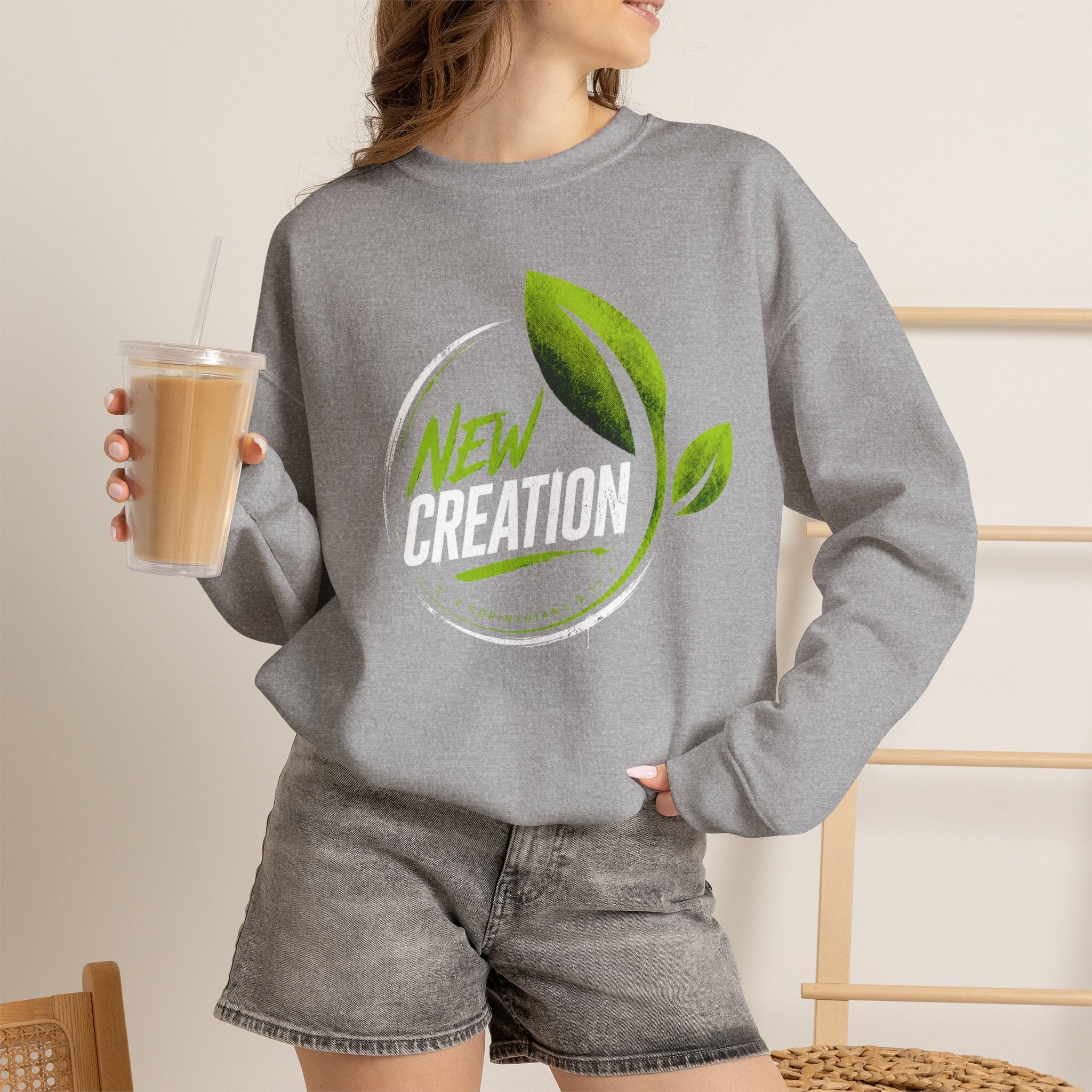 New Creation Sweatshirt – Christian Faith Green Leaf Crewneck