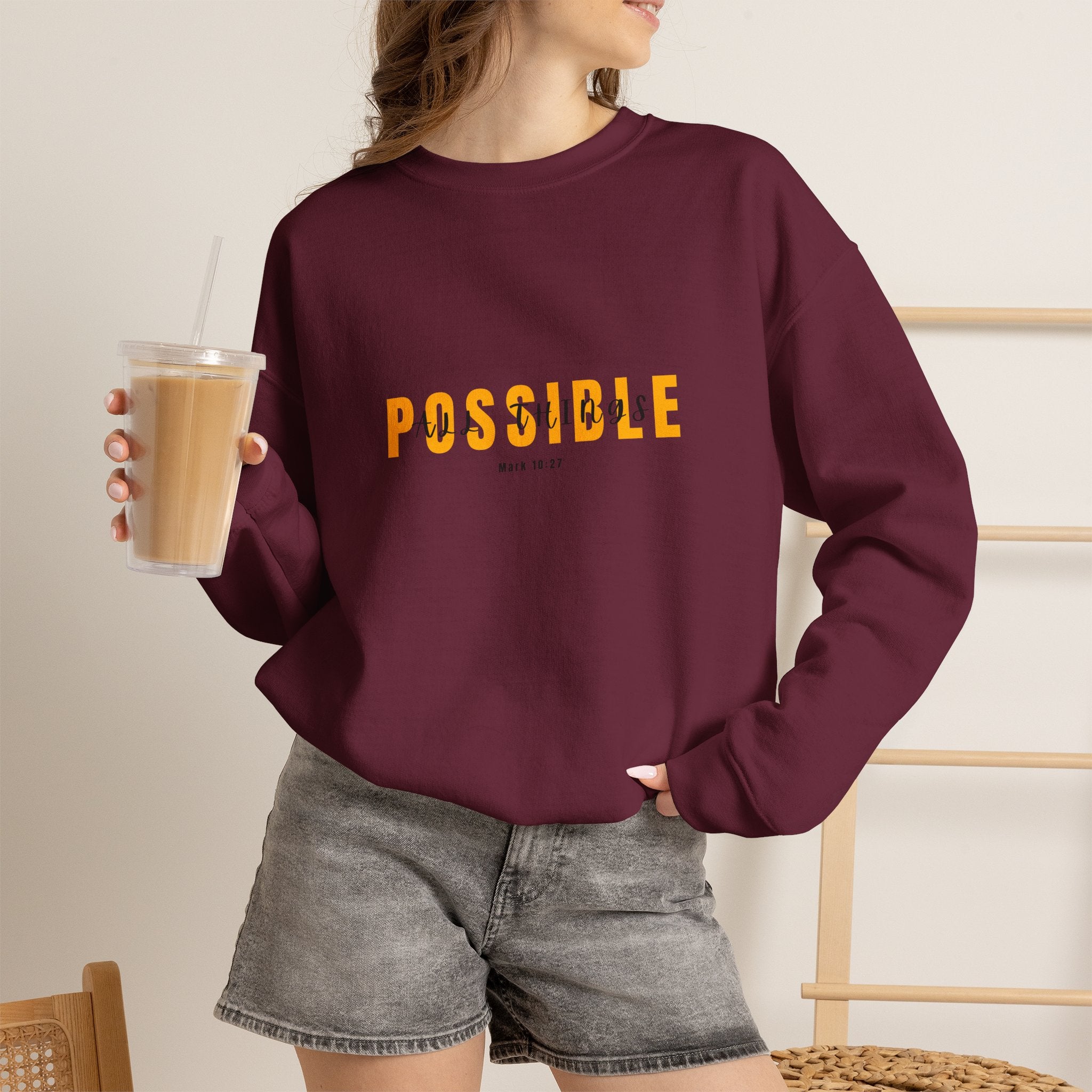 Christian Crewneck Sweatshirt "All Things Possible" Pullover, Inspirational Scripture Apparel, Faith Typography Graphic Sweatshirt