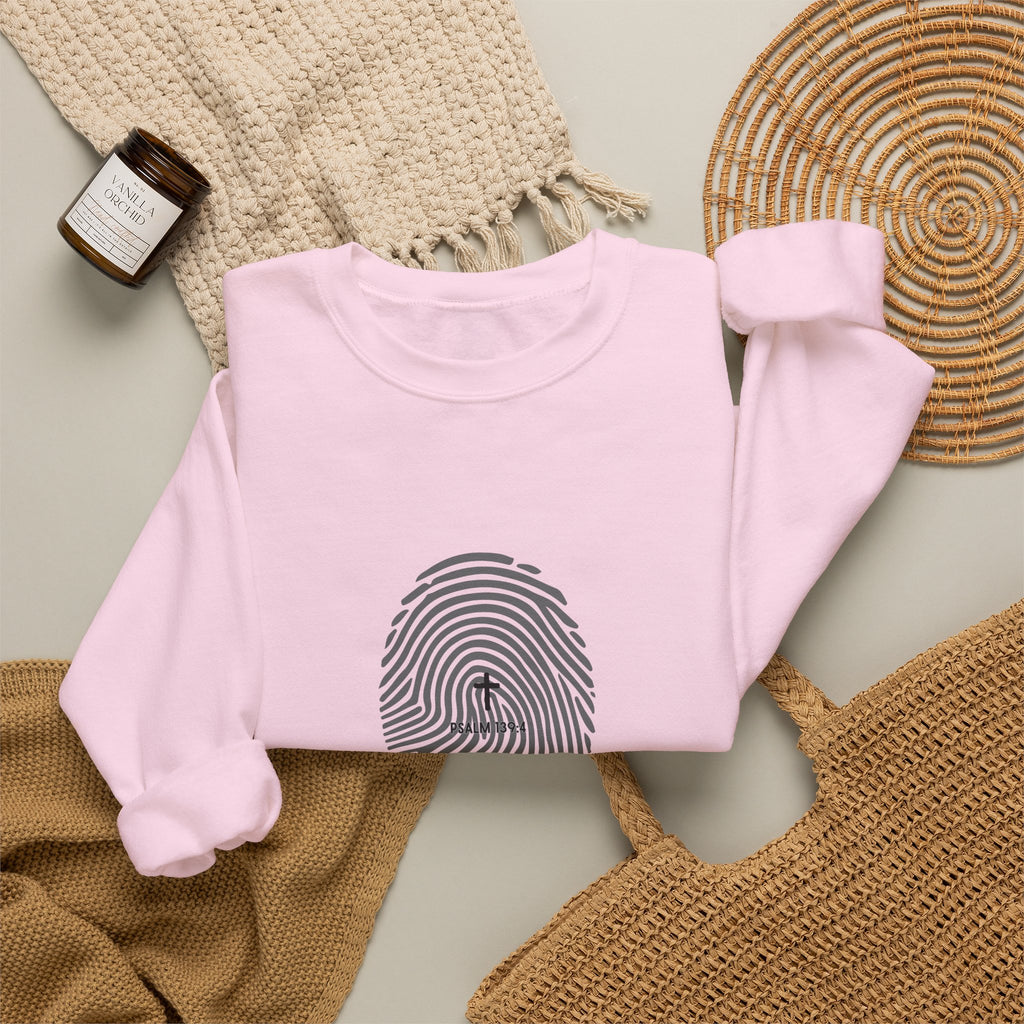 Christian Crewneck Sweatshirt "Heavenly Crafted" Fingerprint Pullover, Psalm 139 Identity Apparel, Unique Faith Graphic Sweatshirt