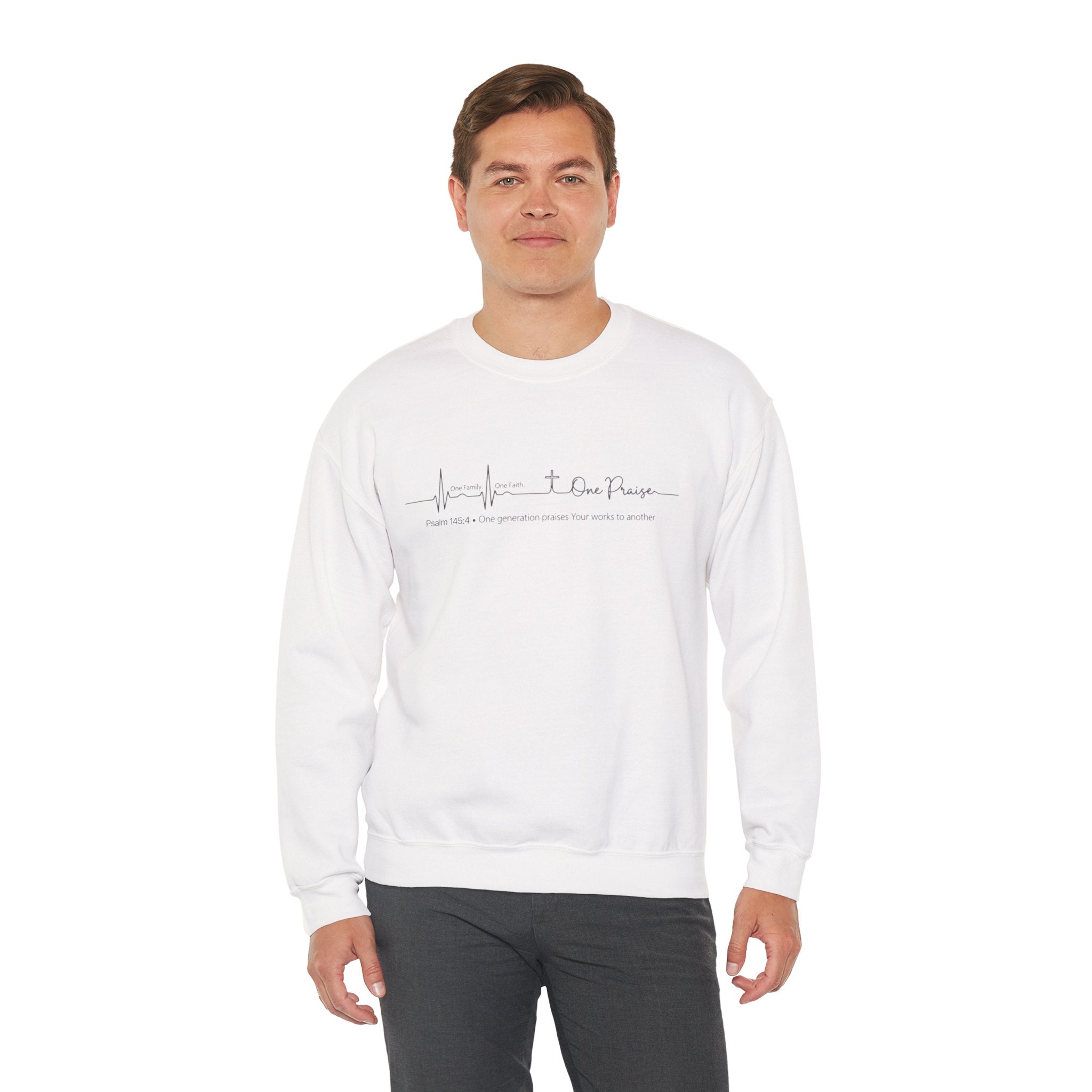 Christian Crewneck Sweatshirt "One Family One Faith One Praise" Pullover, Minimalist Heartbeat Script Apparel, Religious Graphic Sweatshirt