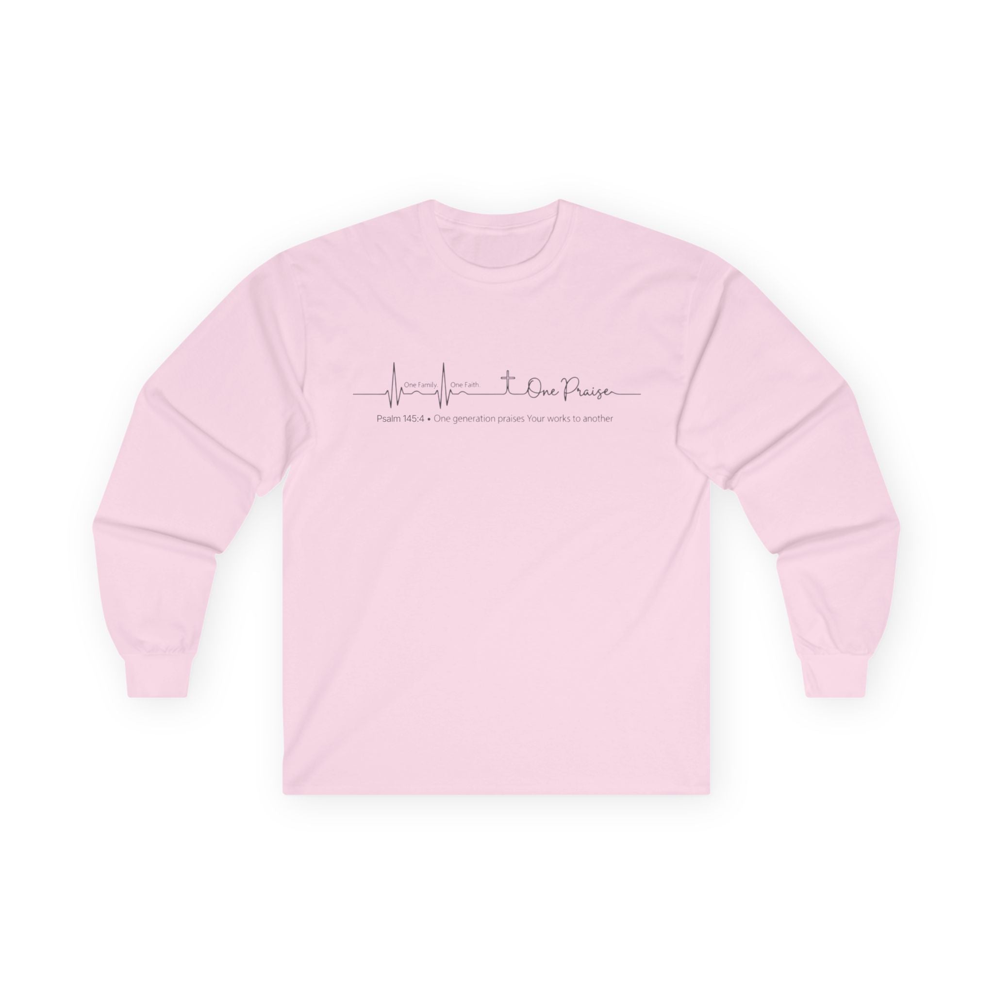 Long Sleeve Tee — Hope Heartbeat Cross "One Faith One Family One Praise" Minimalist Christian Shirt