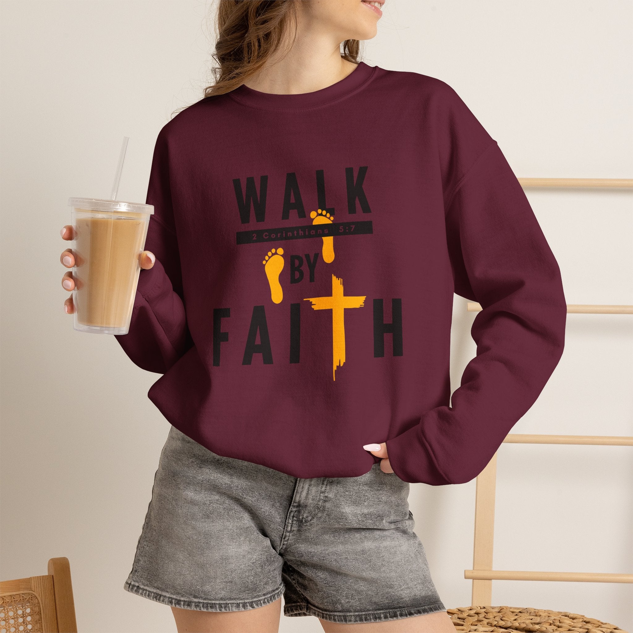 Christian Crewneck Sweatshirt "Walk By Faith" Pullover, 2 Corinthians 5:7 Apparel, Inspirational Faith Graphic Sweatshirt