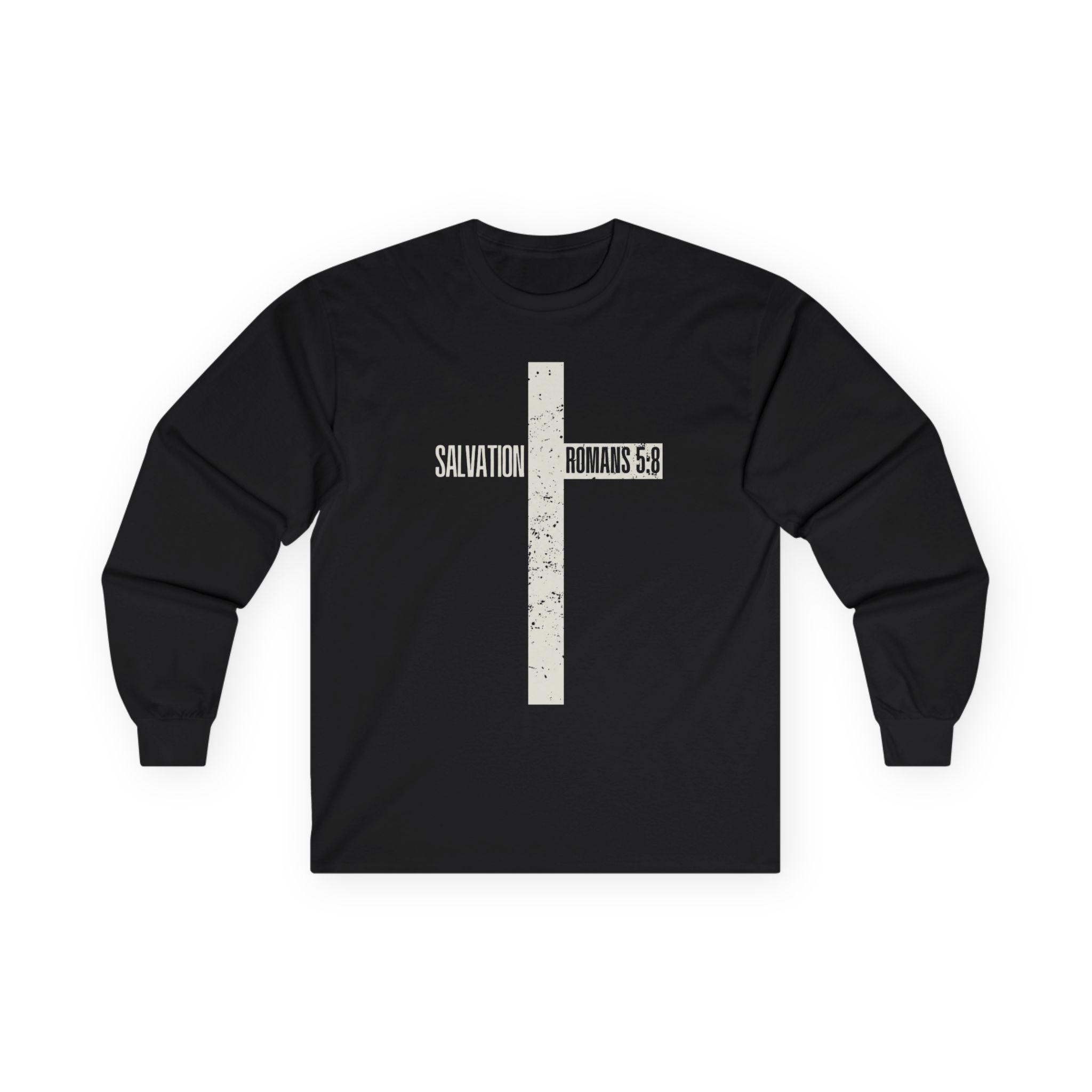 Salvation Cross Long Sleeve Tee — "Romans 5:8" Christian Faith Shirt