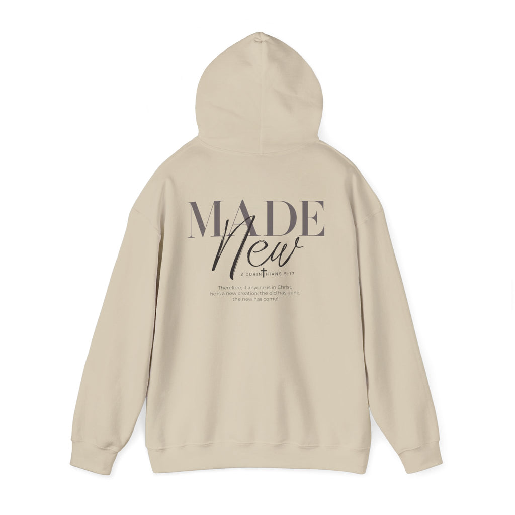 Inspirational Hoodie "Made New" Back Print Pullover, Christian Faith Sweatshirt, Minimalist Graphic Streetwear