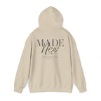 Inspirational Hoodie "Made New" Back Print Pullover, Christian Faith Sweatshirt, Minimalist Graphic Streetwear