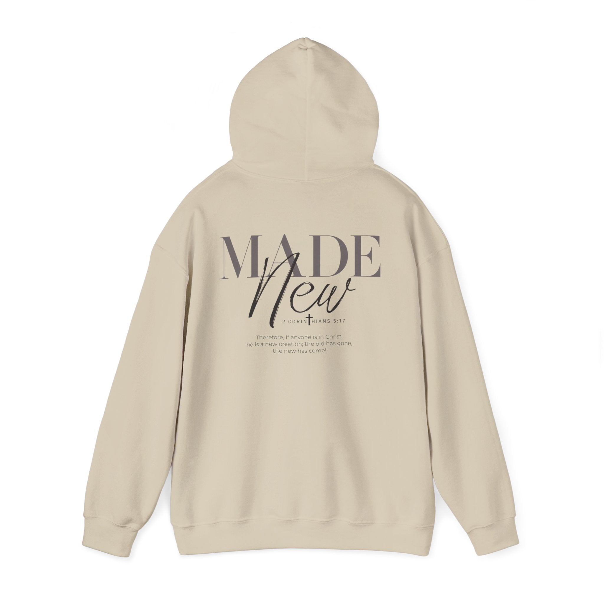 Inspirational Hoodie "Made New" Back Print Pullover, Christian Faith Sweatshirt, Minimalist Graphic Streetwear