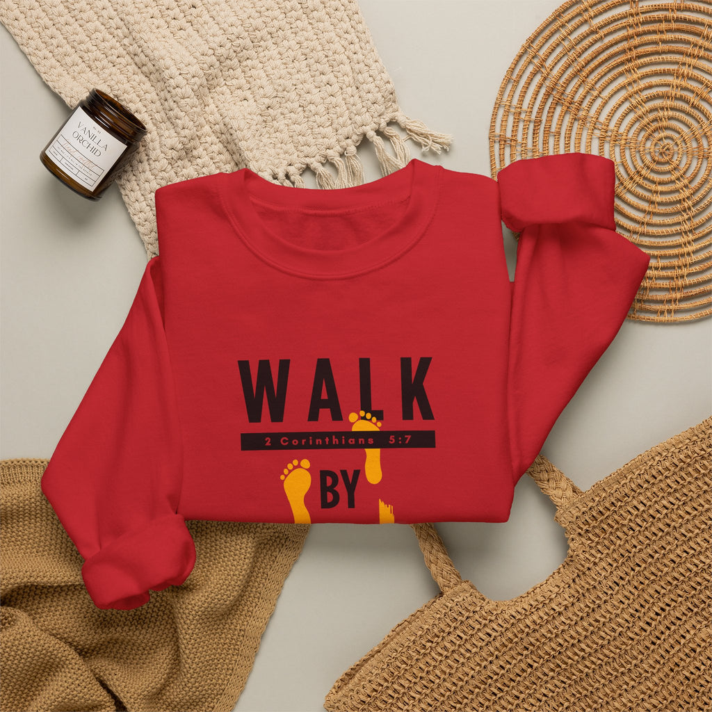 Christian Crewneck Sweatshirt "Walk By Faith" Pullover, 2 Corinthians 5:7 Apparel, Inspirational Faith Graphic Sweatshirt