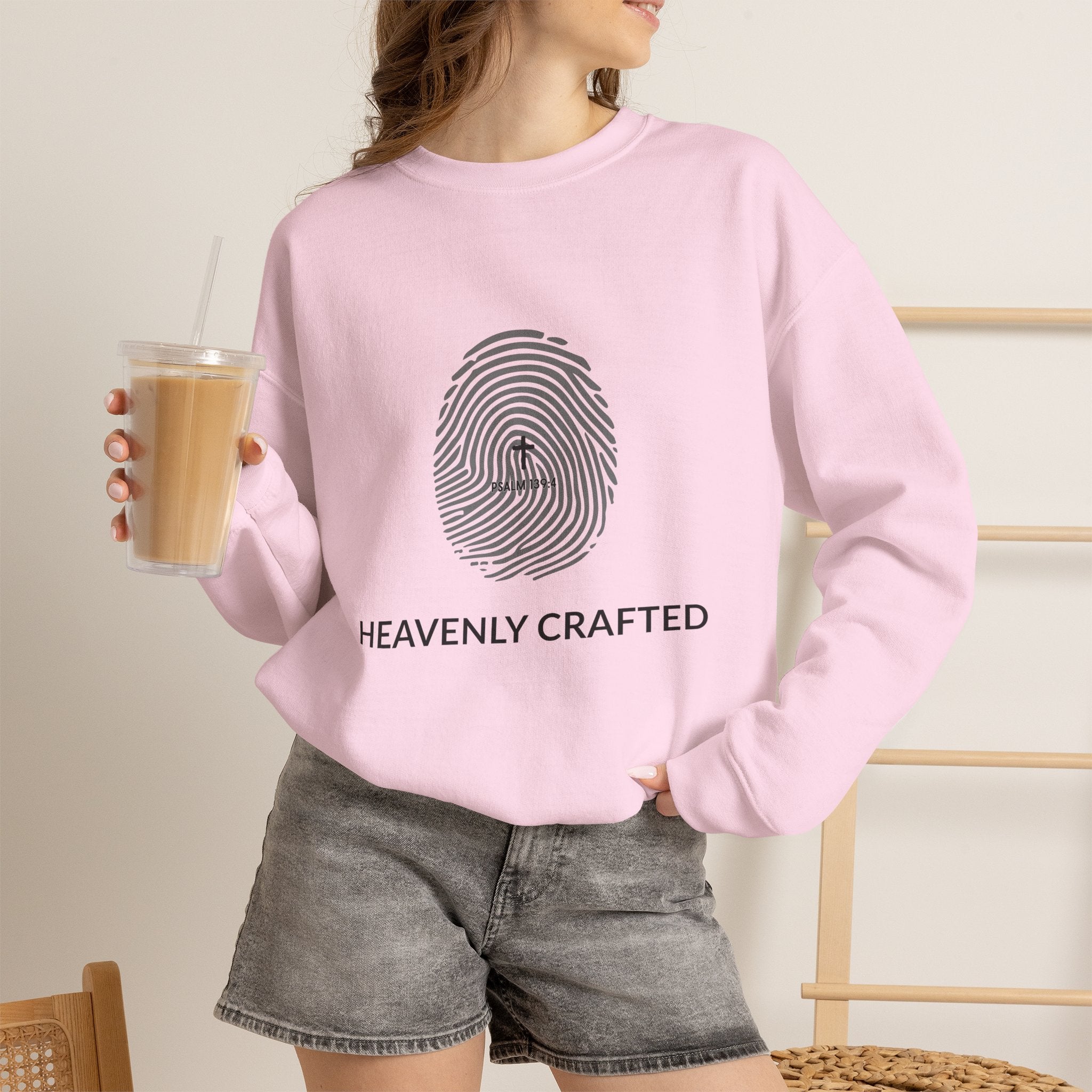 Christian Crewneck Sweatshirt "Heavenly Crafted" Fingerprint Pullover, Psalm 139 Identity Apparel, Unique Faith Graphic Sweatshirt