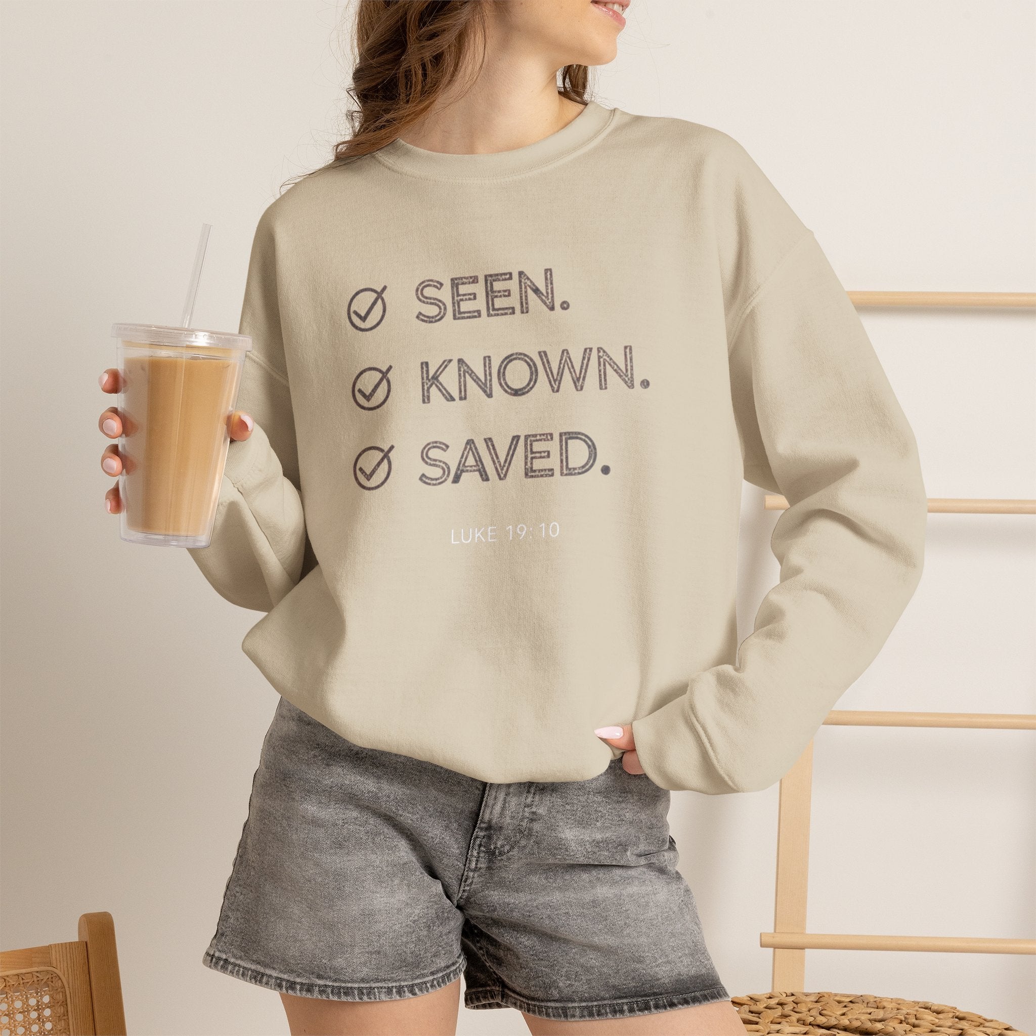 Christian Crewneck Sweatshirt "Seen Known Saved" Pullover, Gospel Faith Message Apparel, Inspirational Religious Sweatshirt