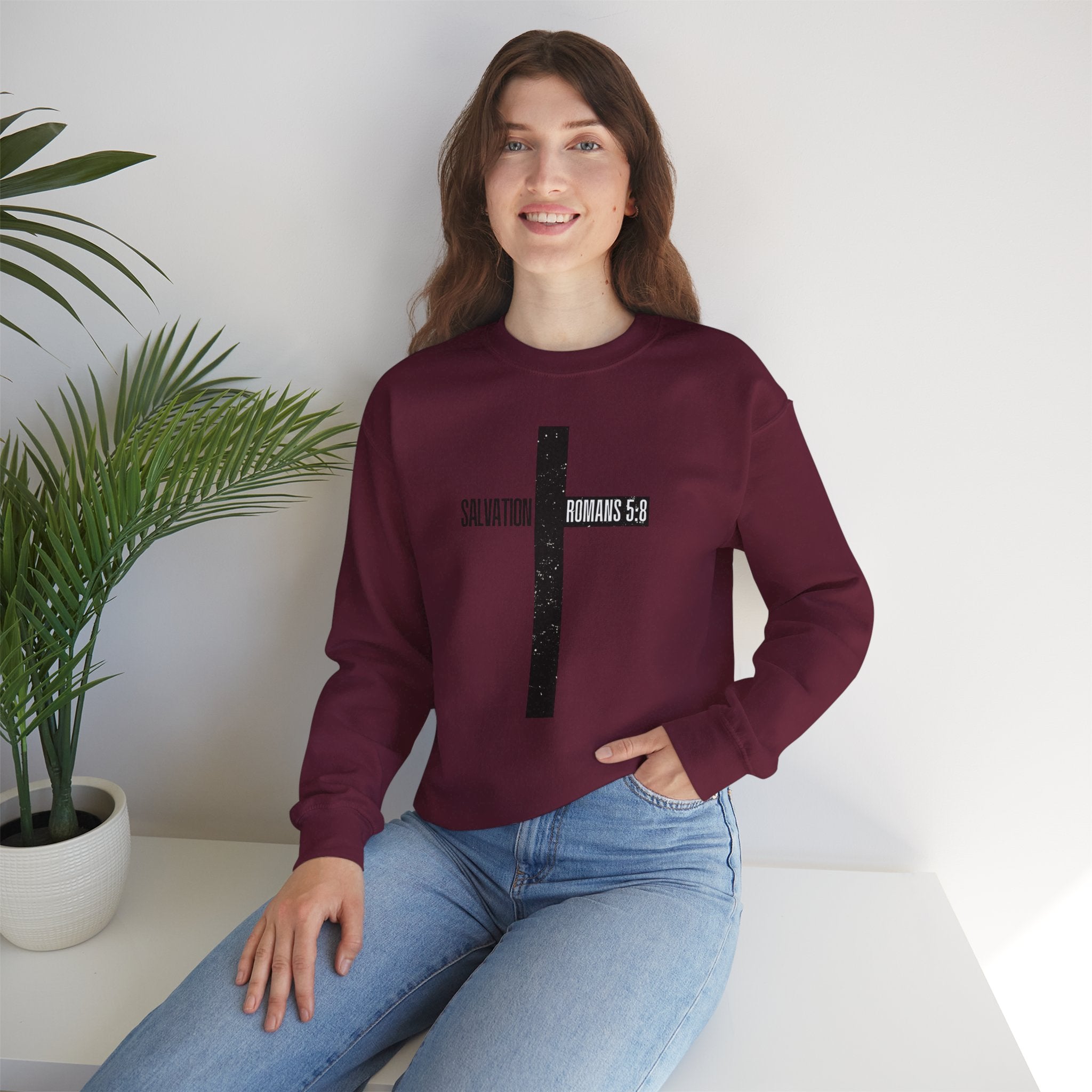 Christian Crewneck Sweatshirt "Salvation" Romans 5:8 Pullover, Jesus Cross Apparel, Faith Grace Graphic Sweatshirt