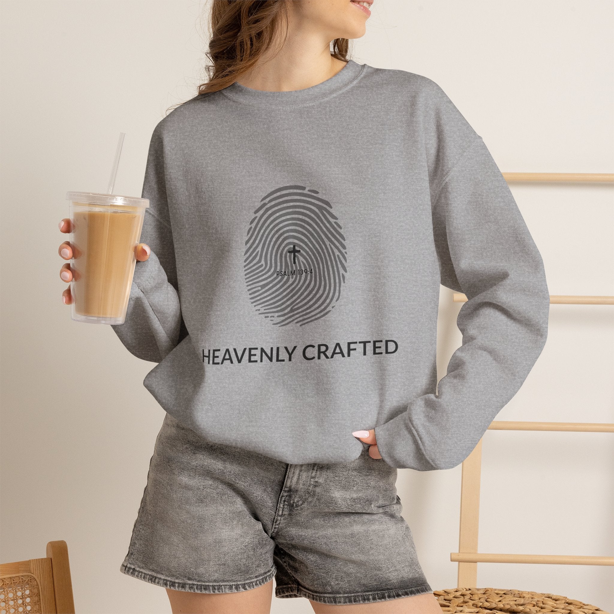 Christian Crewneck Sweatshirt "Heavenly Crafted" Fingerprint Pullover, Psalm 139 Identity Apparel, Unique Faith Graphic Sweatshirt