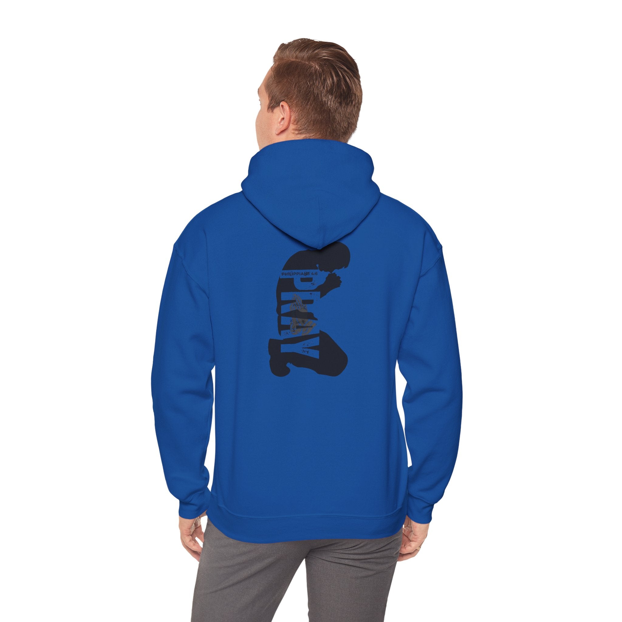 Minimal 'Pray More, Panic Less' Hoodie — Monochrome Graphic Back Print
