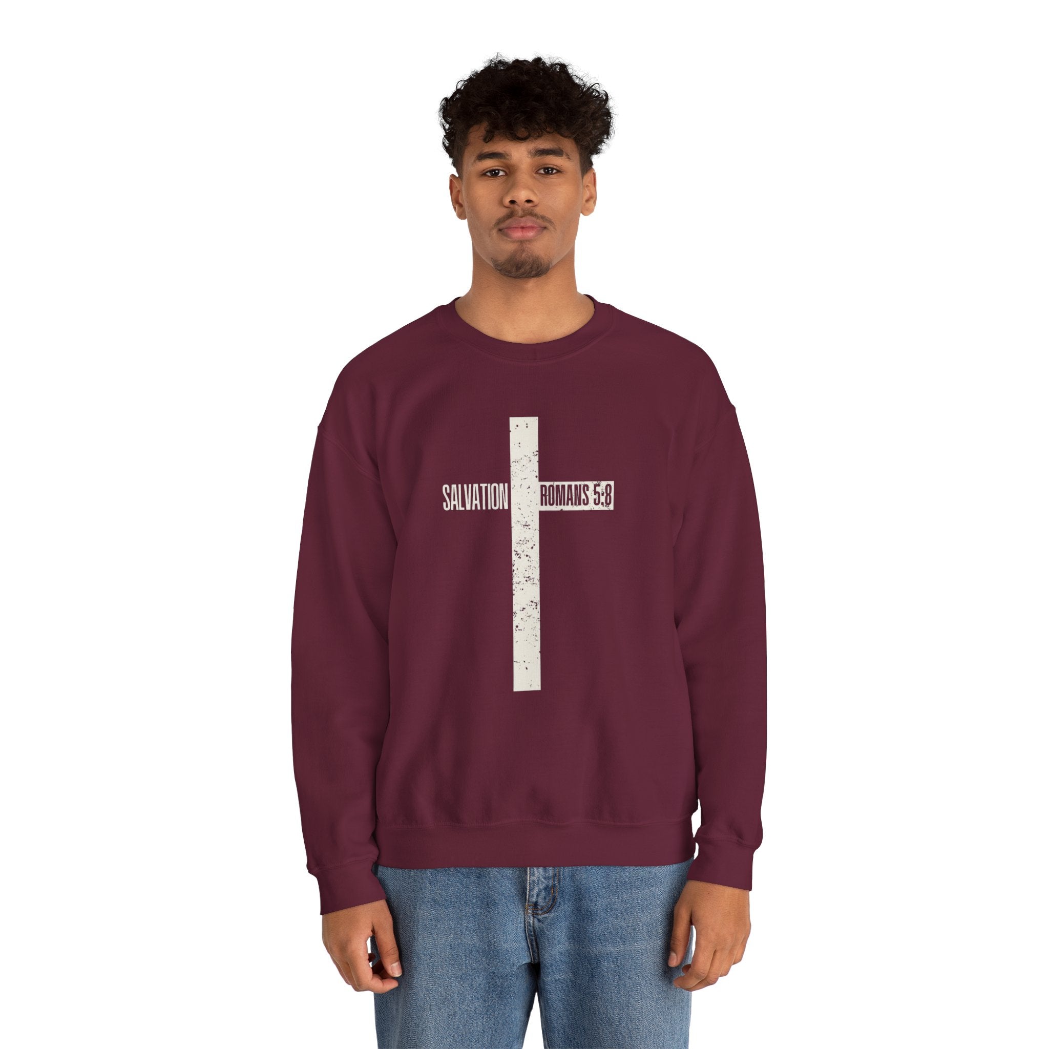 Christian Crewneck Sweatshirt "Salvation" Romans 5:8 Pullover, White Cross Graphic Apparel, Rustic Style Faith Sweatshirt