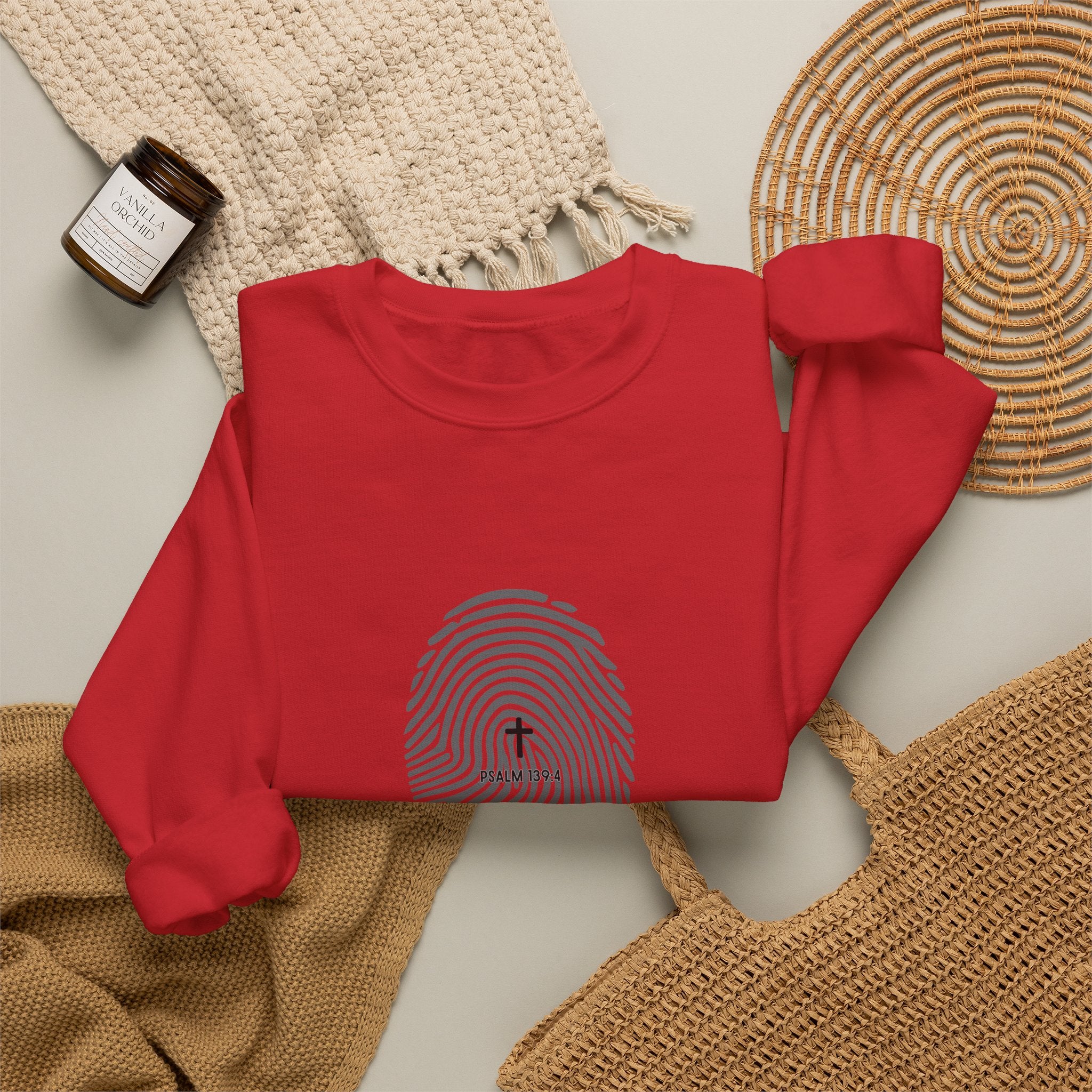 Christian Crewneck Sweatshirt "Heavenly Crafted" Fingerprint Pullover, Psalm 139 Identity Apparel, Unique Faith Graphic Sweatshirt