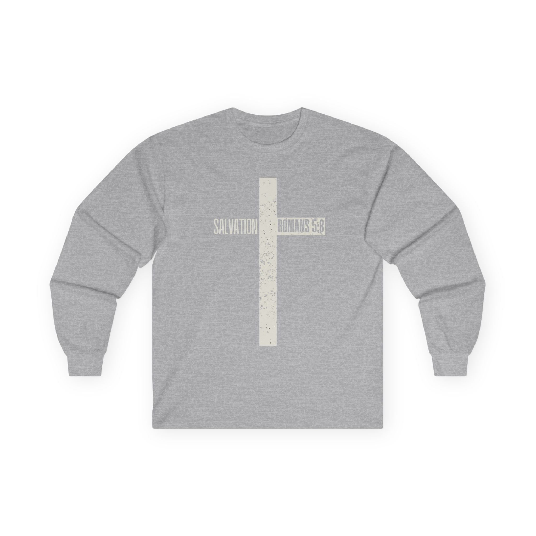 Salvation Cross Long Sleeve Tee — "Romans 5:8" Christian Faith Shirt