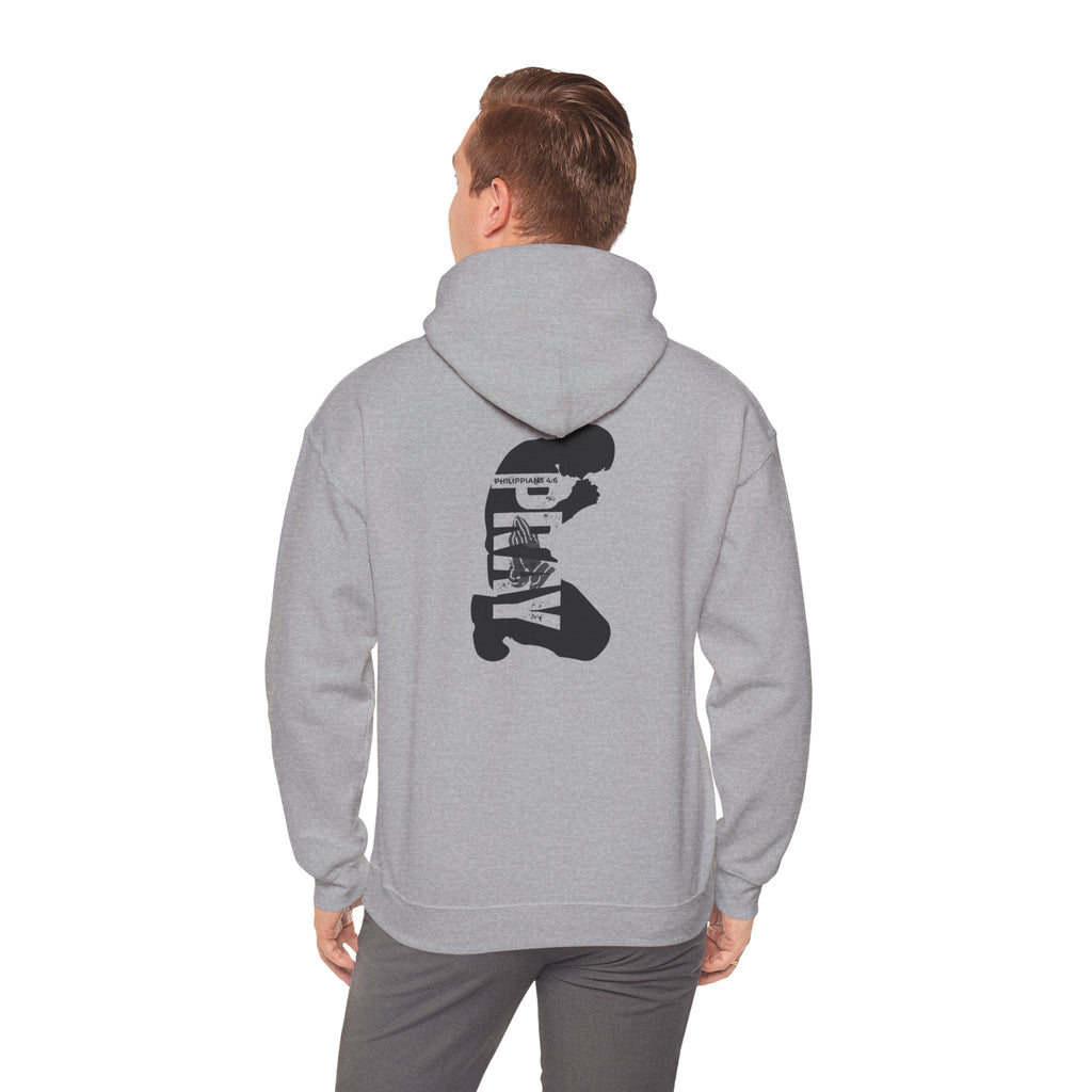 Minimal 'Pray More, Panic Less' Hoodie — Monochrome Graphic Back Print
