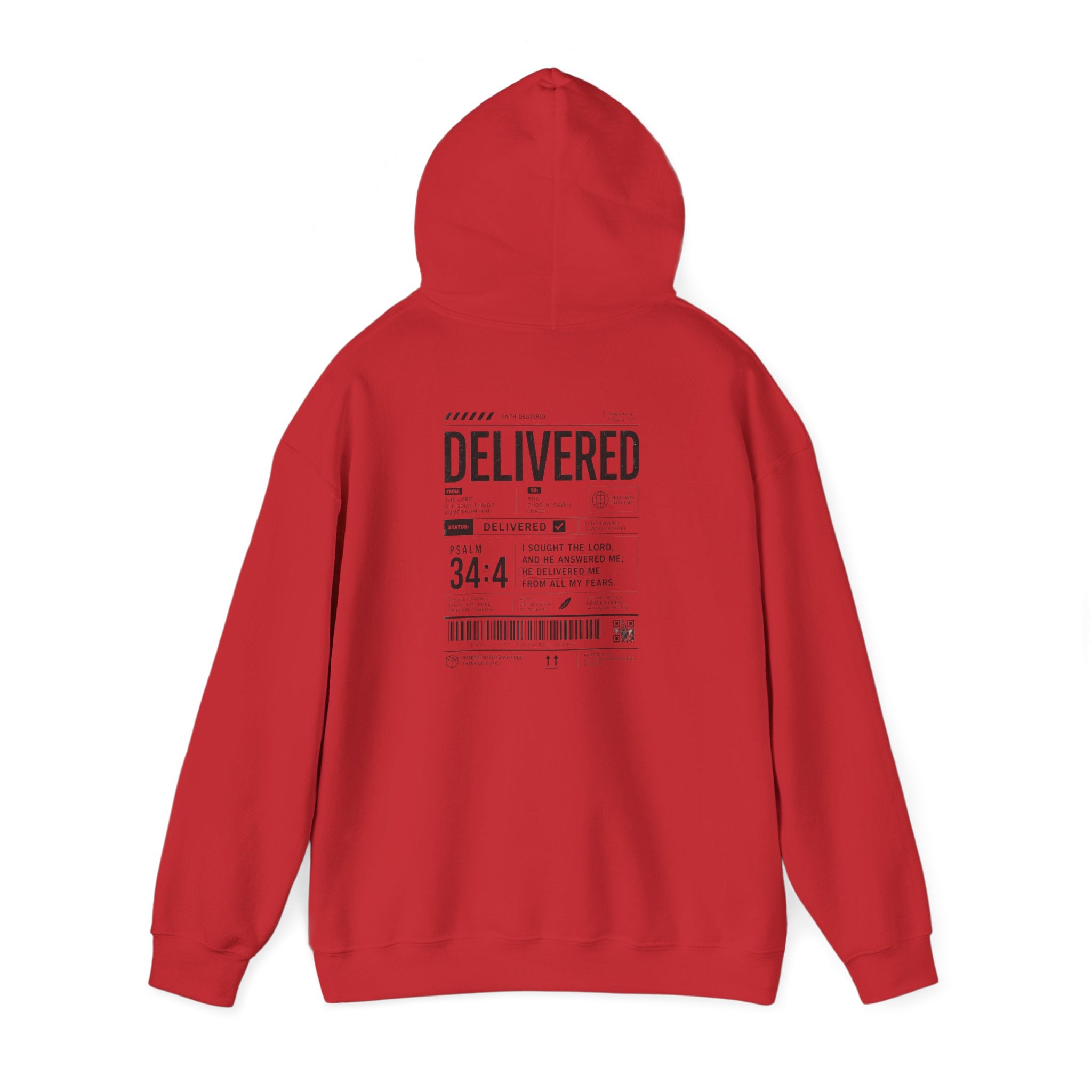 Christian Graphic Hoodie 'Delivered' Shipping Label Pullover, Faith-Based Streetwear Sweatshirt