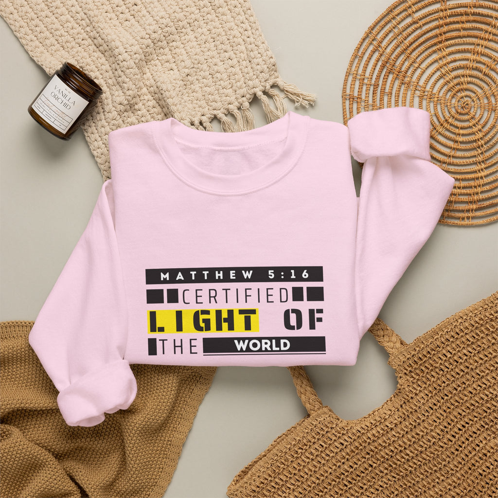 Christian Crewneck Sweatshirt "Certified Light of the World" Pullover, Matthew 5:14 Scripture Apparel, Trendy Faith Graphic Sweatshirt