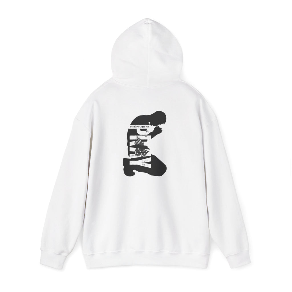 Minimal 'Pray More, Panic Less' Hoodie — Monochrome Graphic Back Print