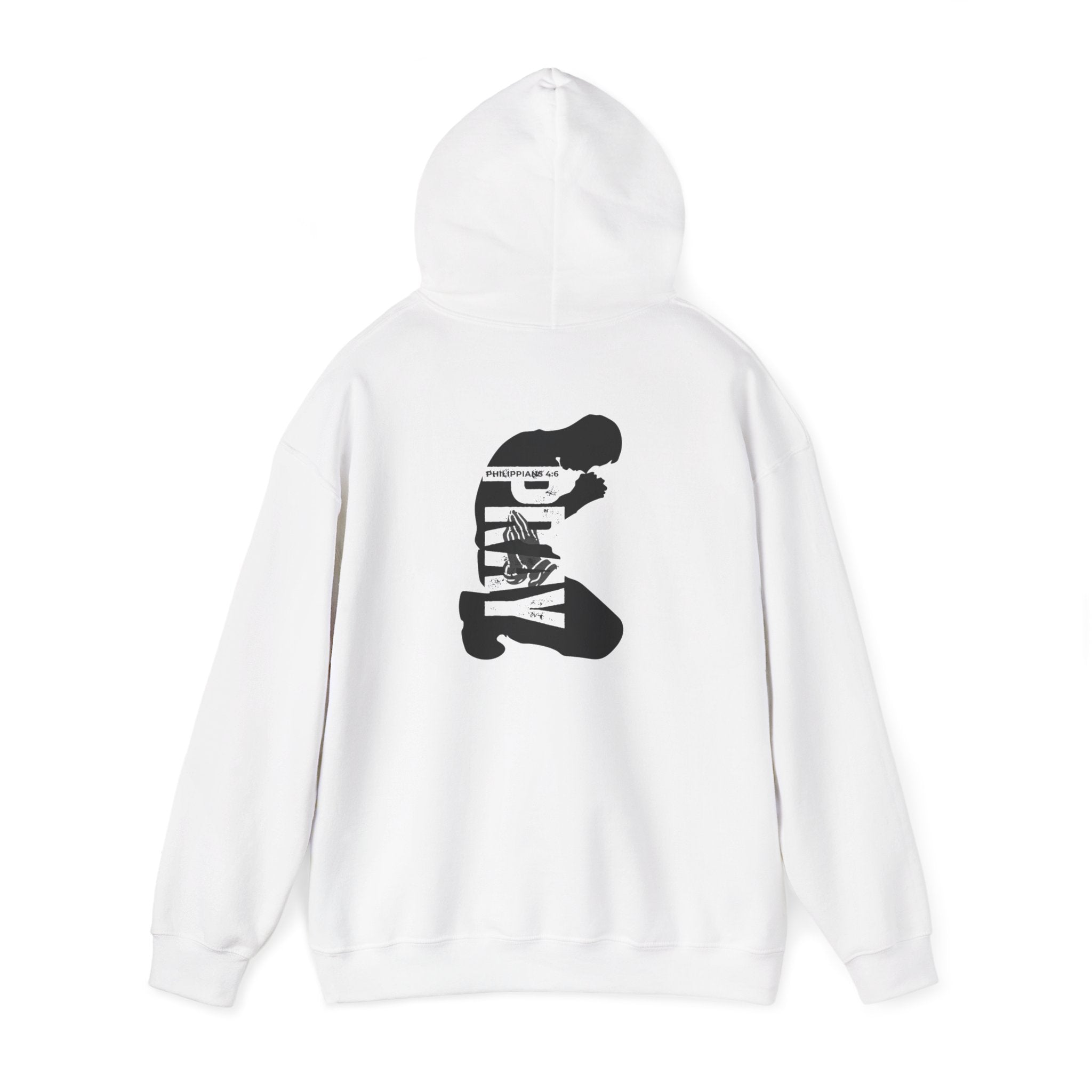 Minimal 'Pray More, Panic Less' Hoodie — Monochrome Graphic Back Print