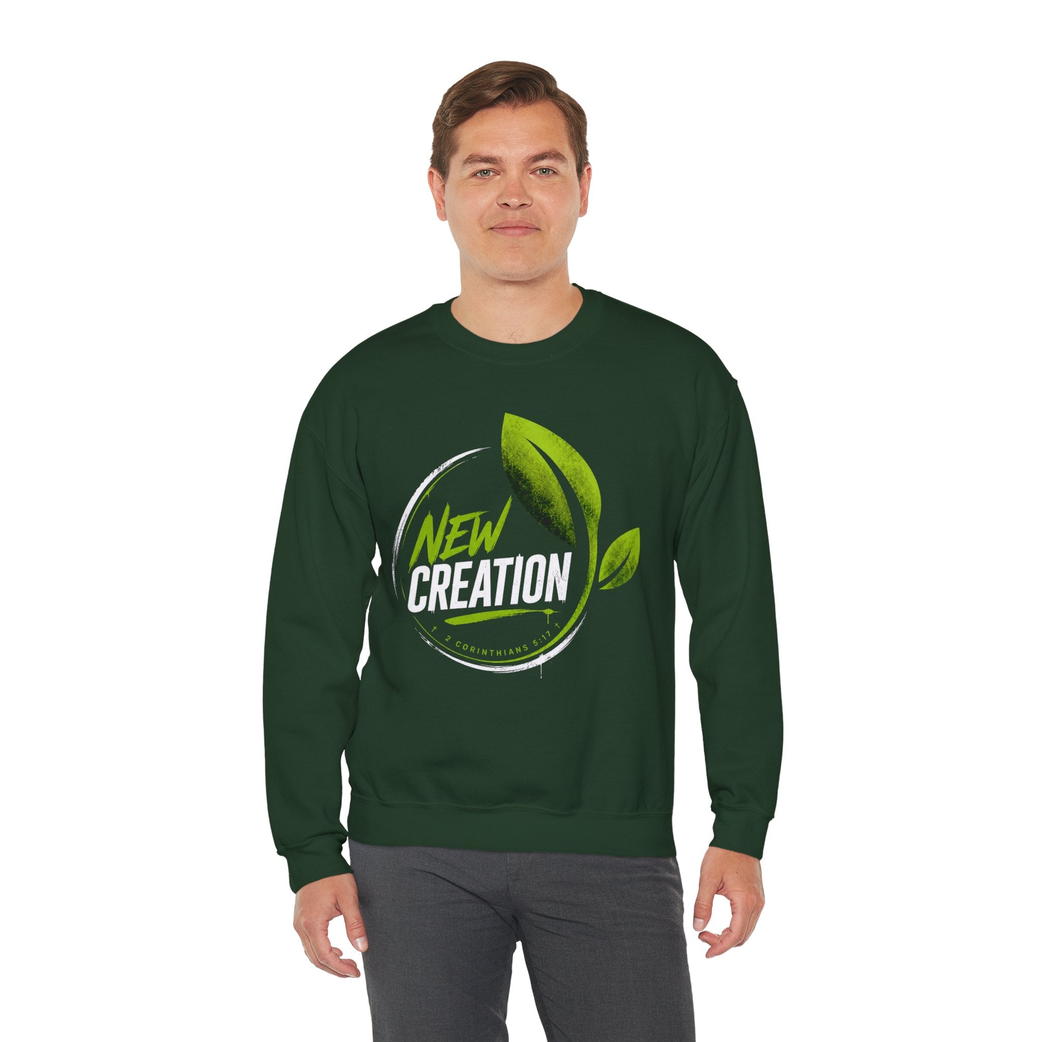 Christian Crewneck Sweatshirt "New Creation" Pullover, 2 Corinthians 5:17 Scripture Apparel, Green Leaf Graphic Sweatshirt