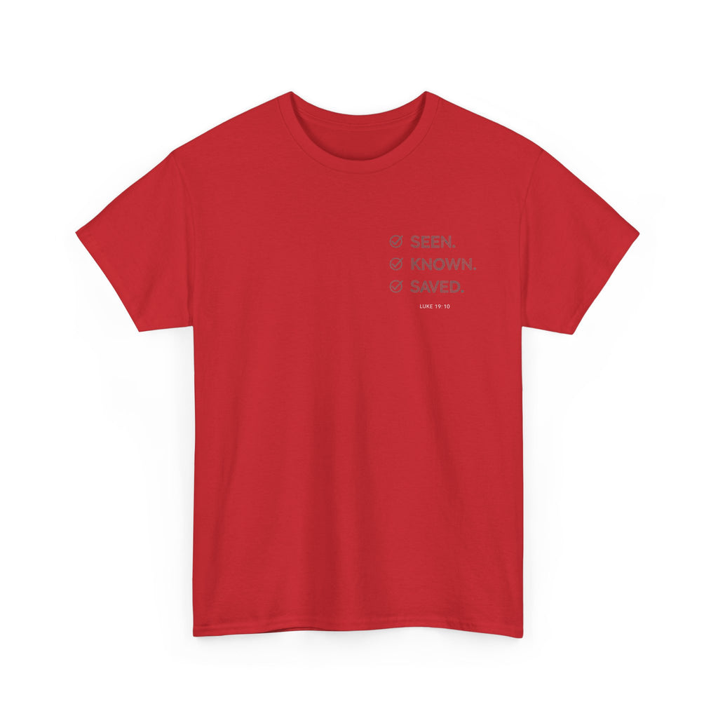 Black Text-Pattern T-Shirt — Seen Known Saved Christian Typography Graphic Tee