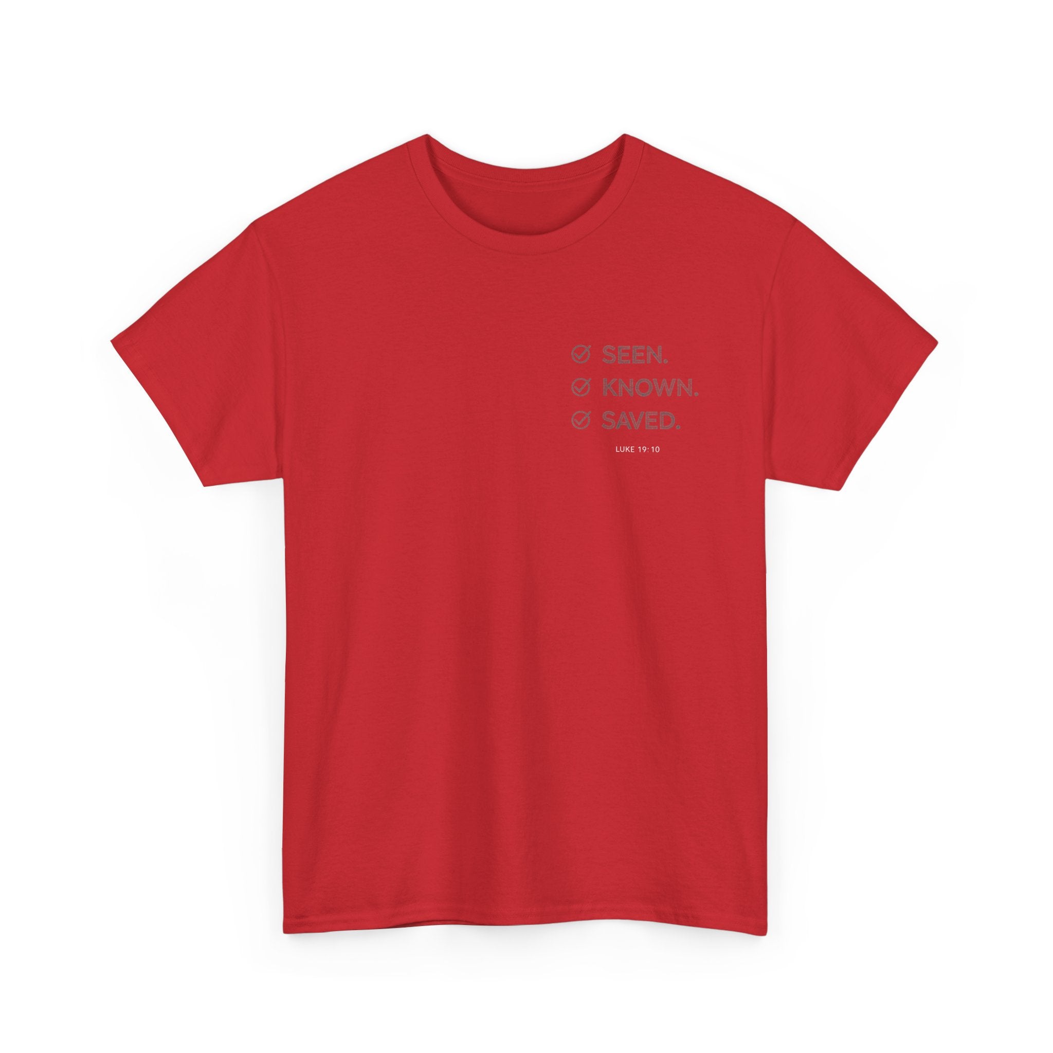 Black Text-Pattern T-Shirt — Seen Known Saved Christian Typography Graphic Tee