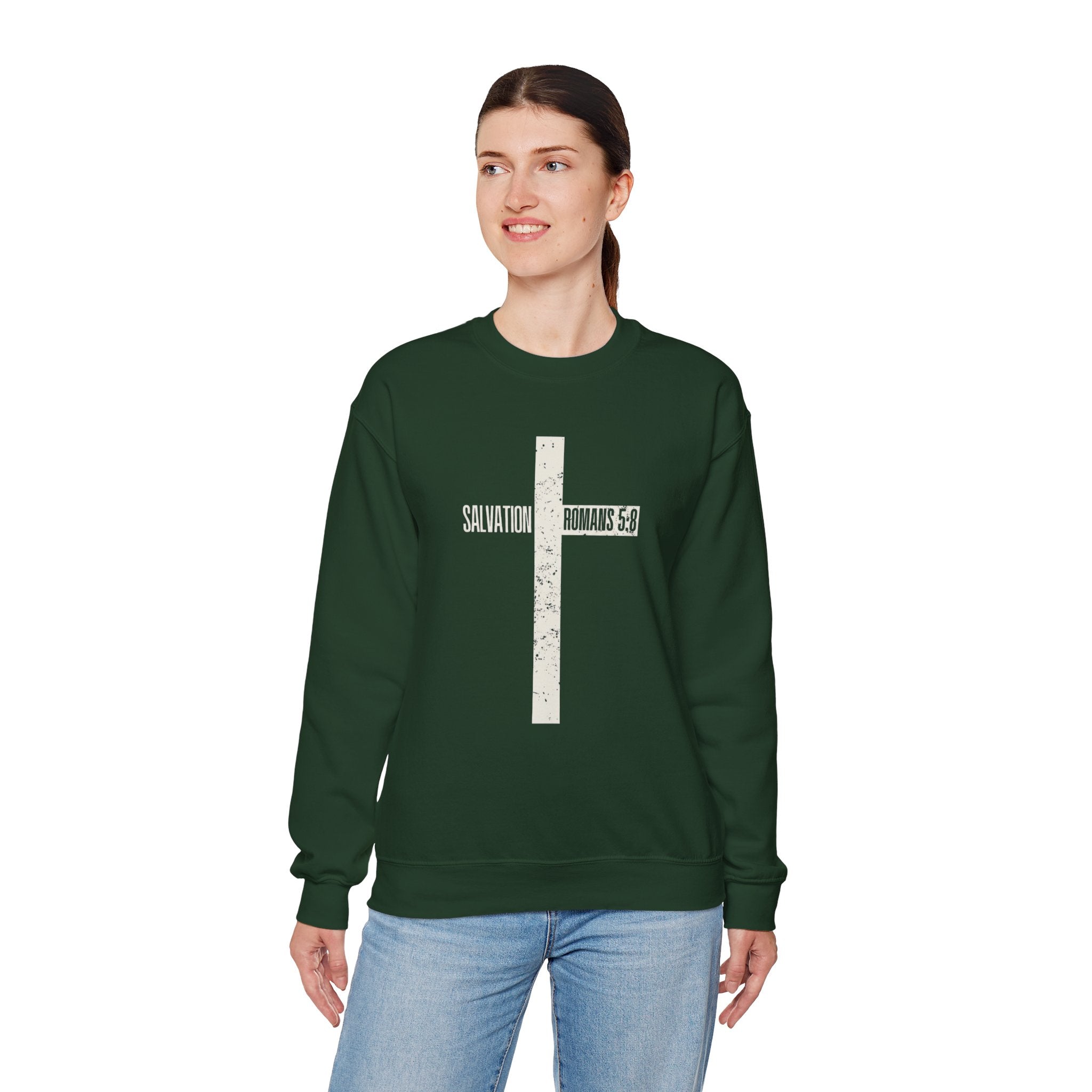 Christian Crewneck Sweatshirt "Salvation" Romans 5:8 Pullover, White Cross Graphic Apparel, Rustic Style Faith Sweatshirt
