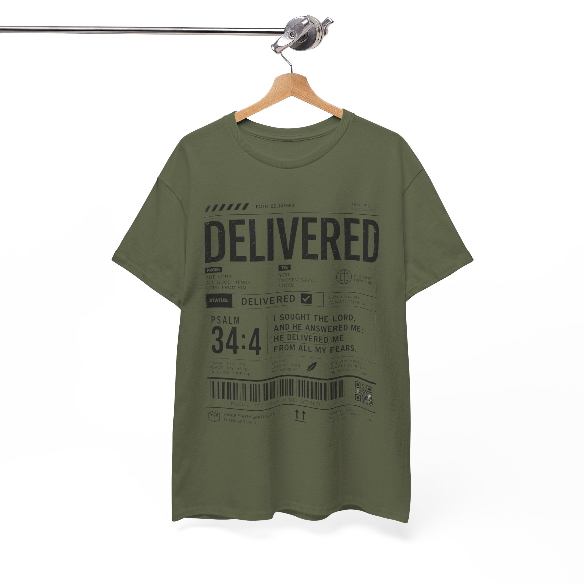Delivered Graphic Tee — Inspirational Psalm 34:4 Christian T-Shirt