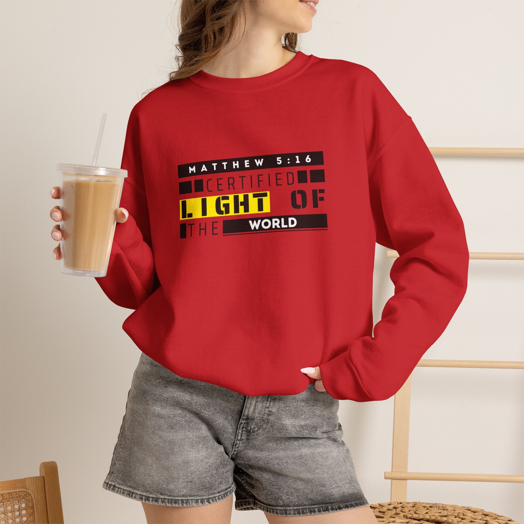 Christian Crewneck Sweatshirt "Certified Light of the World" Pullover, Matthew 5:14 Scripture Apparel, Trendy Faith Graphic Sweatshirt