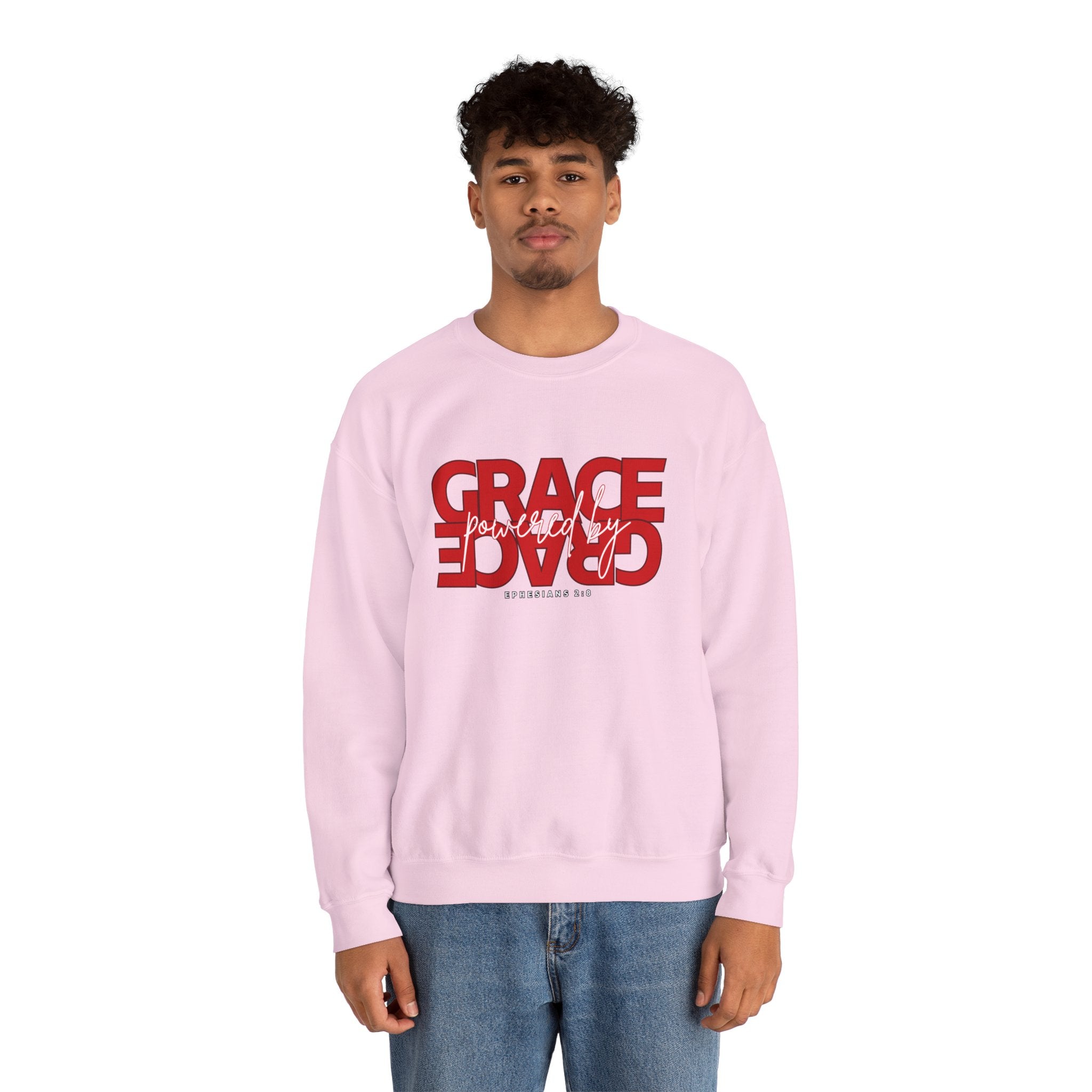 Crewneck Sweatshirt — "Grace Powered By God" Christian Faith Pullover (Ephesians 2:8)