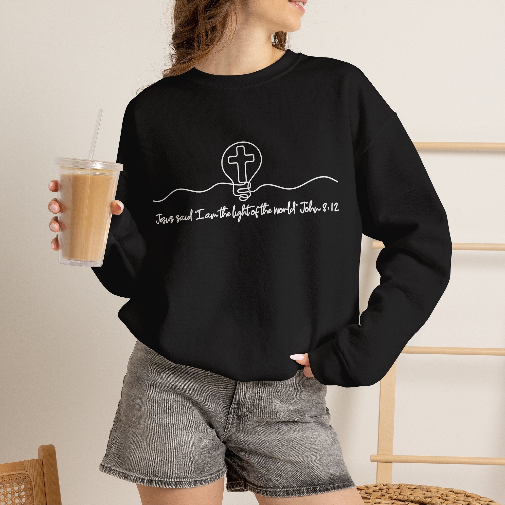 Christian Crewneck Sweatshirt "I AM the Light" Cross Pullover, John 8:12 Scripture Apparel, Faith Graphic Sweatshirt