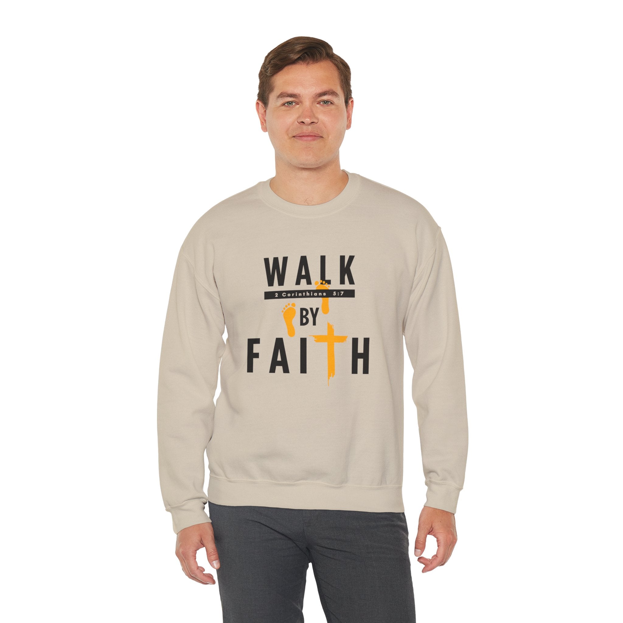 Christian Crewneck Sweatshirt "Walk By Faith" Pullover, 2 Corinthians 5:7 Apparel, Inspirational Faith Graphic Sweatshirt